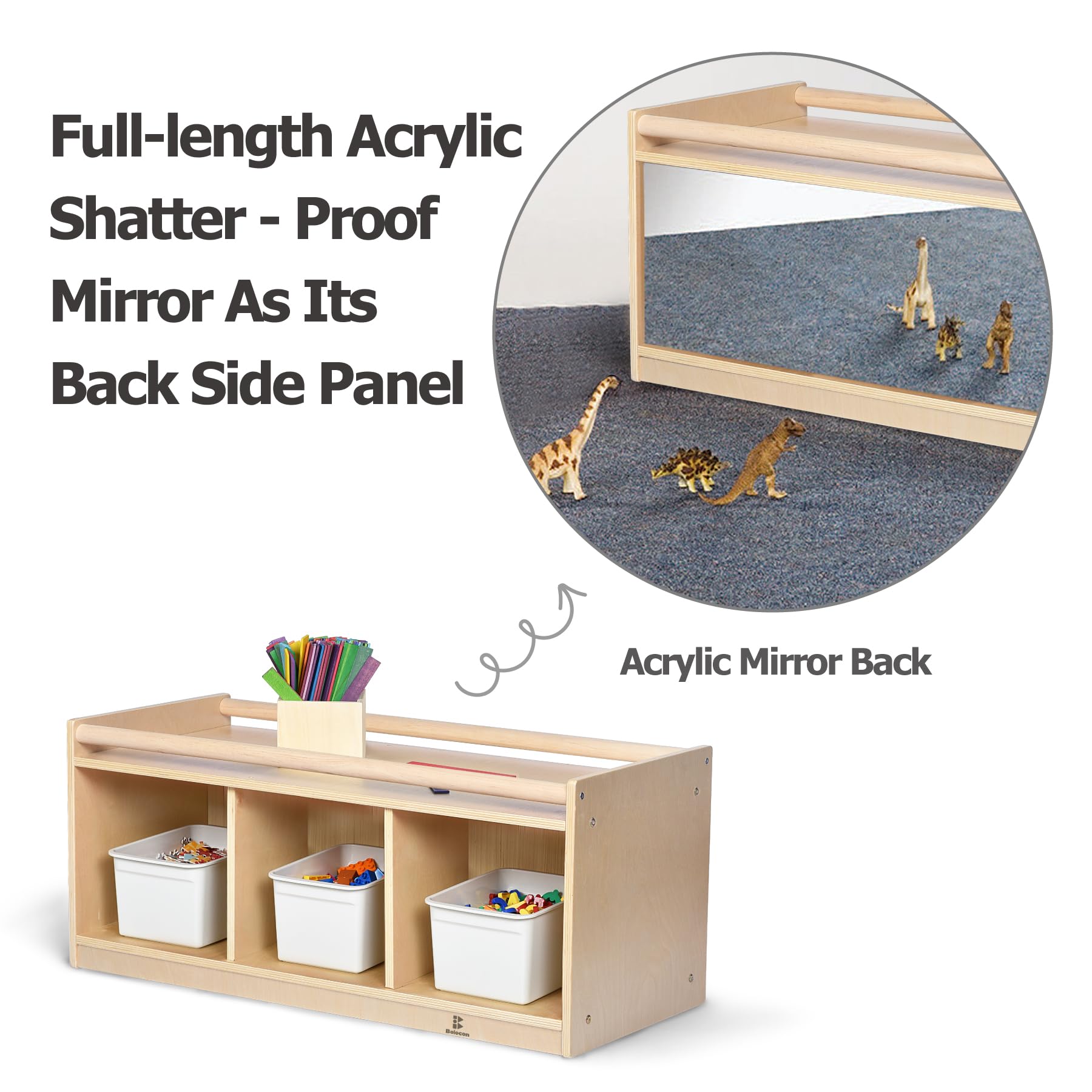 Almacenamiento de juguetes para niños pequeños con espejo trasero, cubículos preescolares y guardería para bebés con 2 pasamanos de sujeción superior, muebles para niños pequeños, hogar, aula, 5