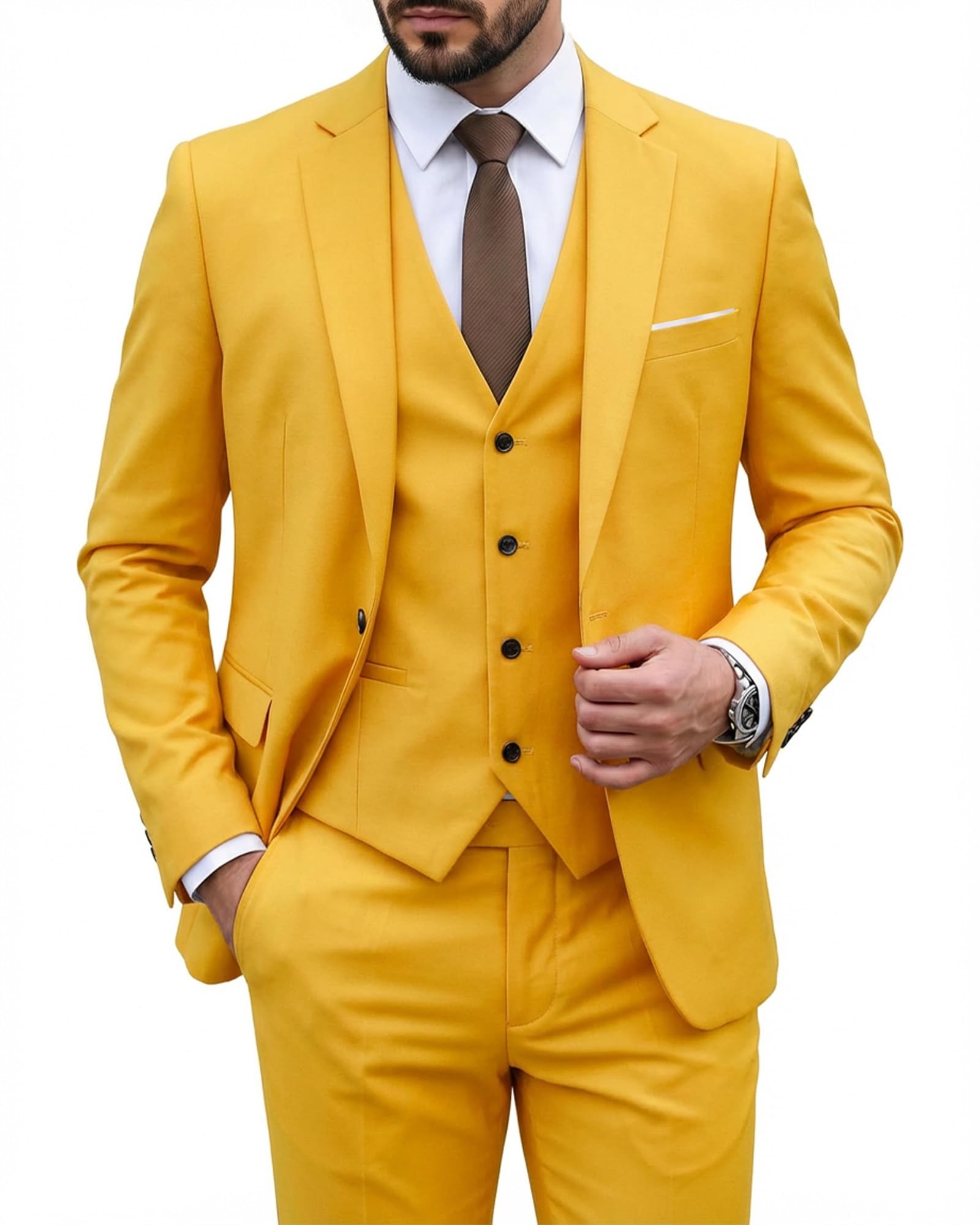 MY'S Men's 3 Piece Suit Set with Tie, One Button Slim Fit Solid Jacket Vest Pants, Prom Party Wedding Business Suits for Men