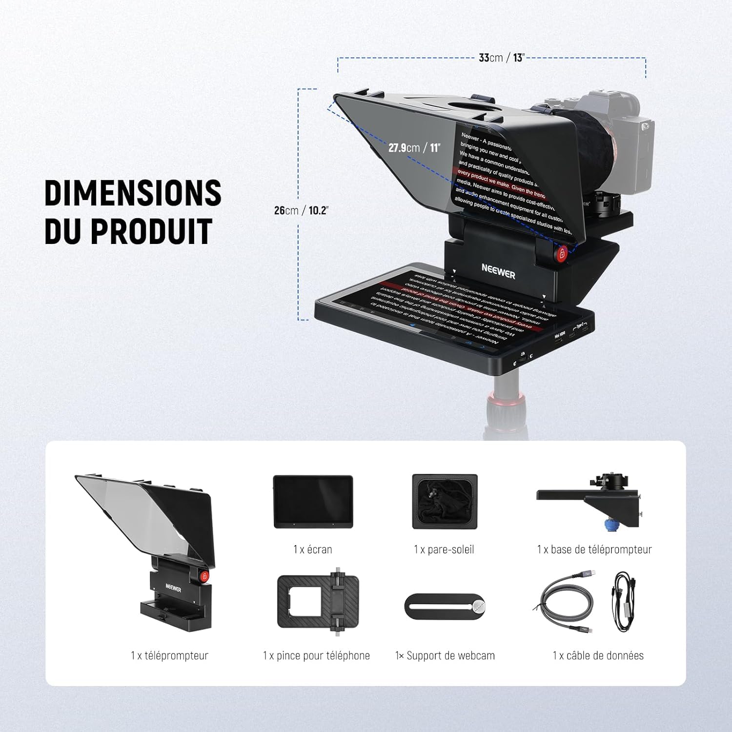 NEEWER 2 en 1 Téléprompteur 11" avec Moniteur, Compatible avec Duplication d'écran,Prompteur Portable pour Caméra,Téléphone,Webcam, Windows et MacOS,Idéal pour Youtube,Twitch et Conférence, X11