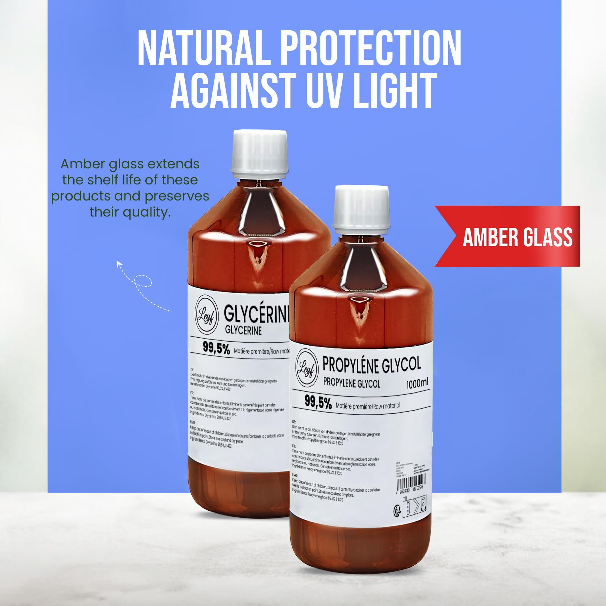 Leyf 1000 ml Glycerin E422 + 1000 ml Propylenglykol E1520, Perfekt für DIY, Pharmaqualität Reinheit, Lebensmittelqualität, Raw Material VG + PG, Rein, Vegan, Ph. Eur/USP