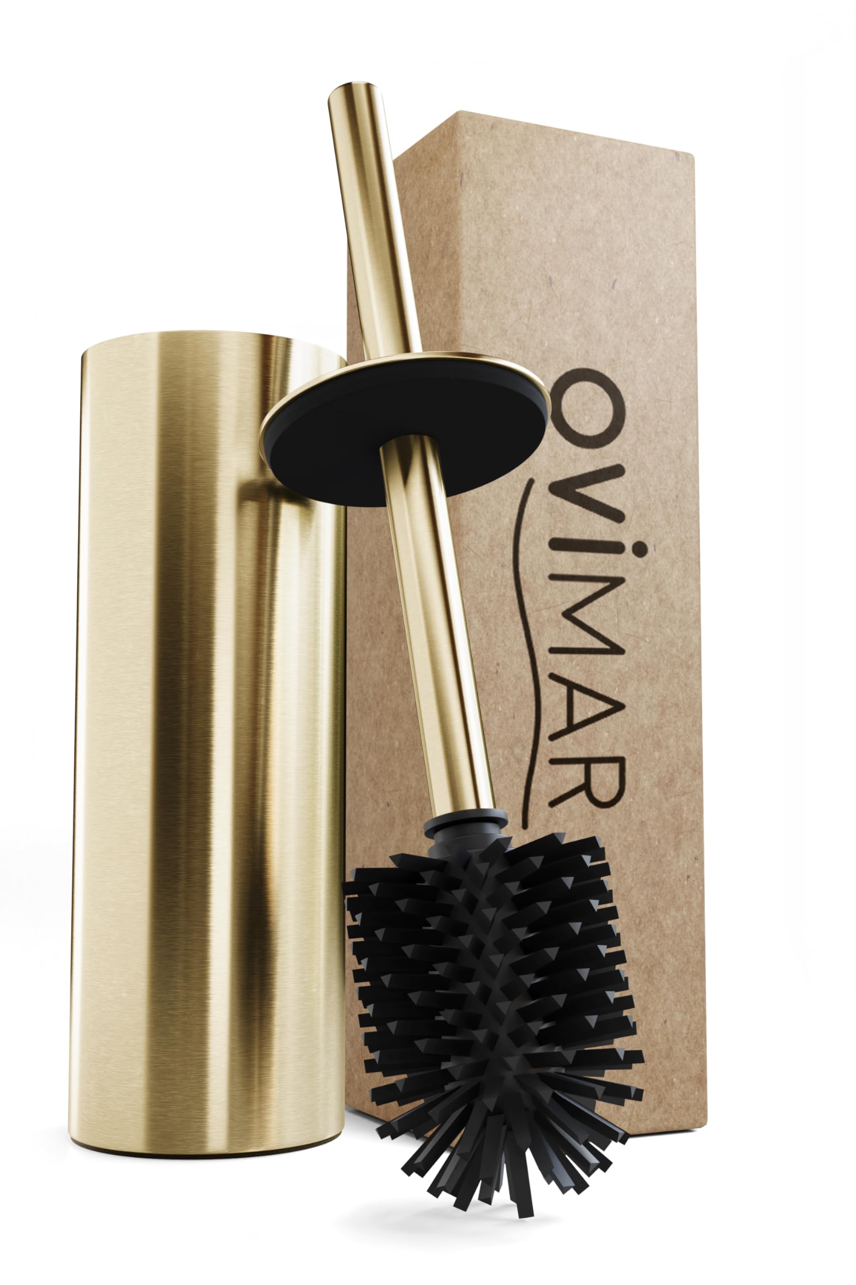 ovimar Escobilla para inodoro Hou | Silicona | Oro | De Acero Inoxidable con Tapa l Independiente para baño e Inodoro de invitados | Escobilla de inodoro con cabezal intercambiable | Diseño Silvolles