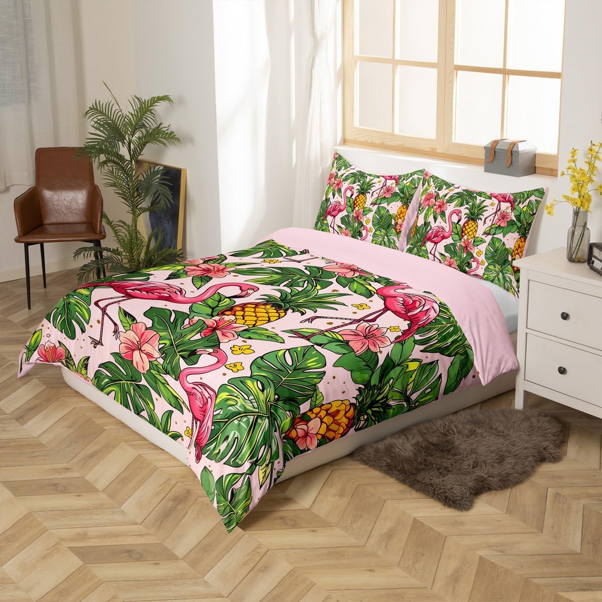 jejeloiu Flamingo Duvet Cover Toddler Size Kids Tropical Leaves Comforter Cover for Boys Girls Teens Pineapple Floral Bedding Set Breathable Bird Print Bedroom Decor Bedclothes