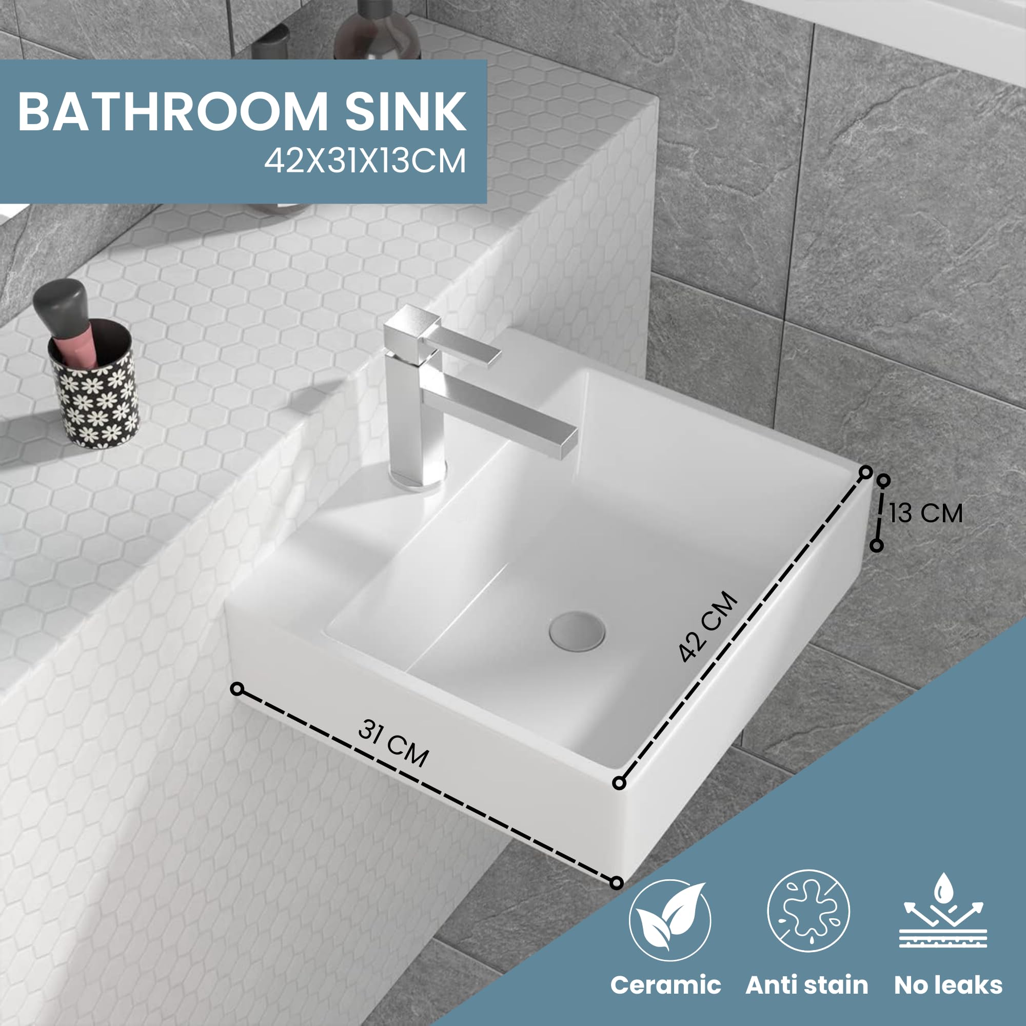 MAGIC SELECT Lavabo in Ceramica, Lavabo da Appoggio Bianco, Lavabo Sospeso Bagno Antimacchia, Facile da Pulire con Attacchi Standard. Ideale per Cucina o Bagno. (42x31x13 CM)