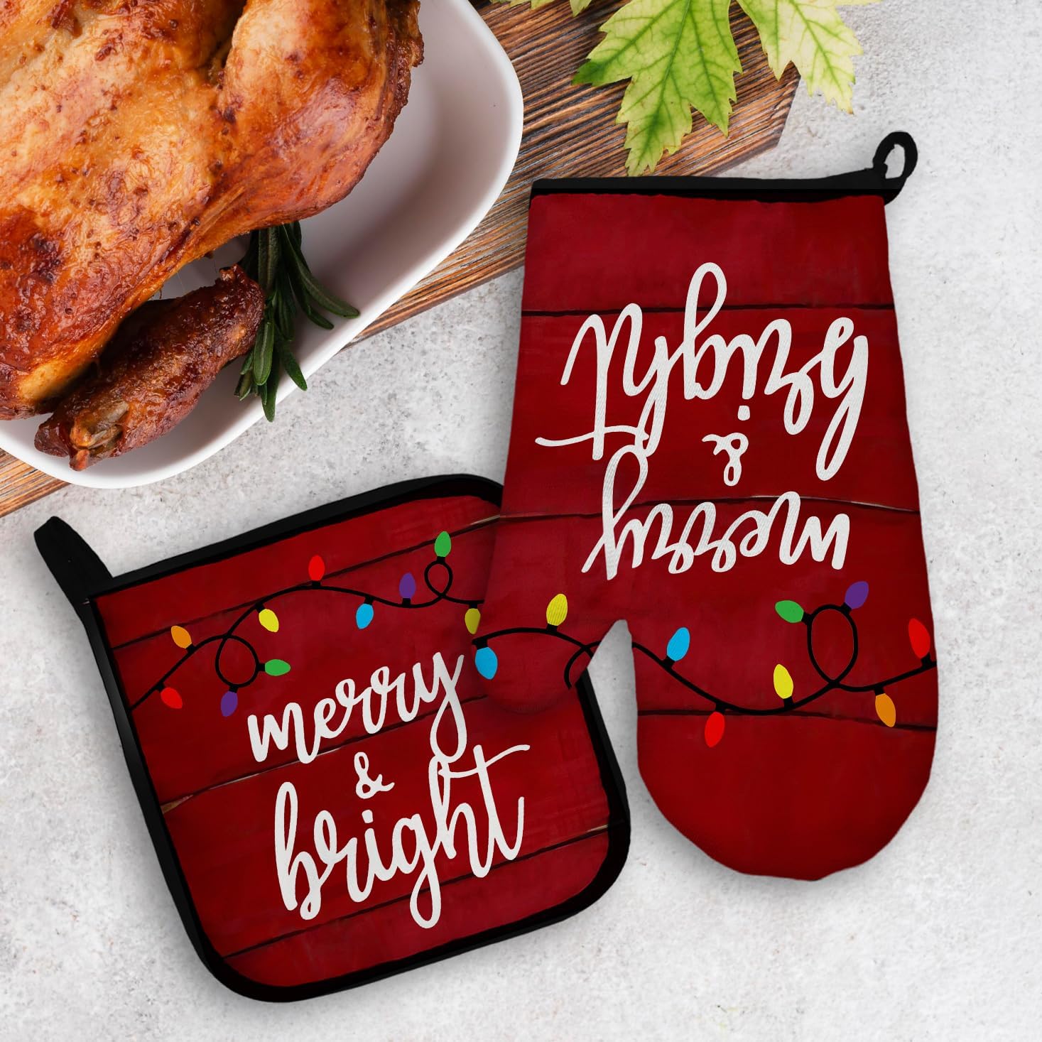 Mingnei Red Christmas Oven Mitts and Pot Holders Sets, Merry and Bright Christmas Heat Resistant Pads Kitchen Decor for Cooking Baking BBQ Grilling, Christmas Oven Glove Set, Christmas Kitchen Gifts - Image 2