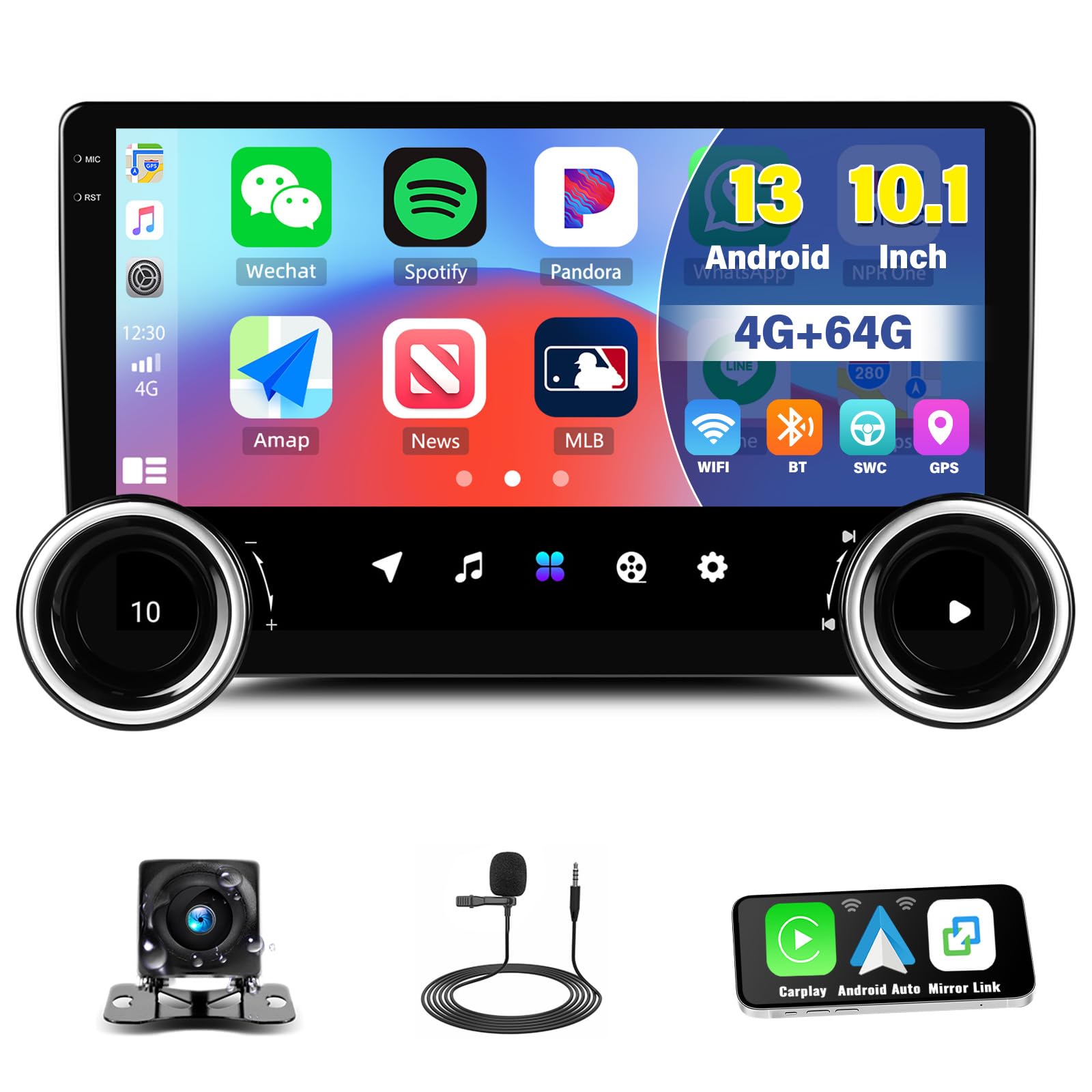 [4+64GB] Android 13 Double Din Car Stereo with Wireless Carplay&Android Auto,10.1 Inch Car Radio Support Mirror Link WiFi GPS Navigation Bluetooth FM/