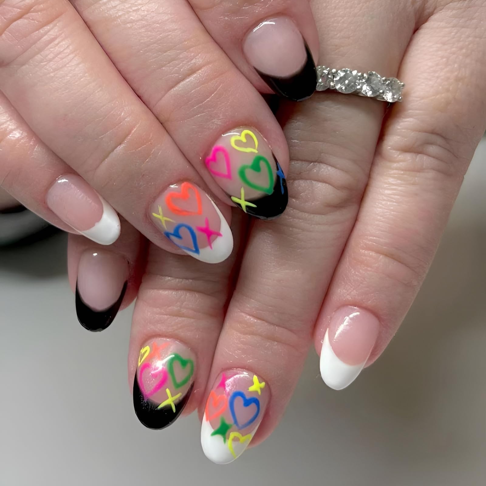 24 Pcs Valentine's Day Press on Nails Short Almond Fake Nails with Heart Design Glossy Heart False Nails Colorful Acrylic Nails Full Cover Glue on