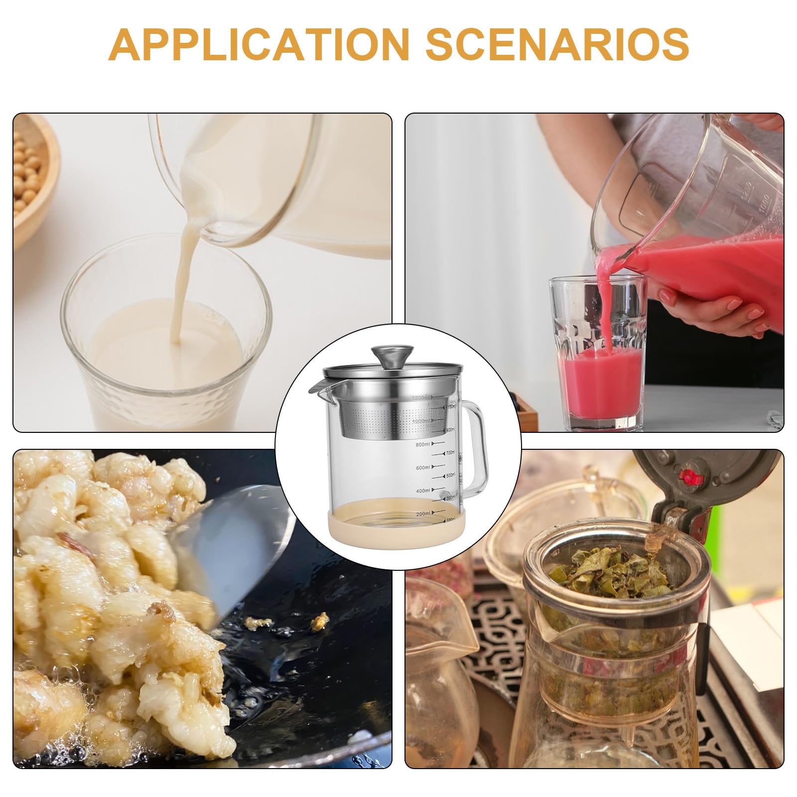 Fettabscheider Multifunktionaler Saft und Sojamilchfilter mit Edelstahlfilter aus Glas 1200ml für Einfache Reinigung und Silikongriff in Küche
