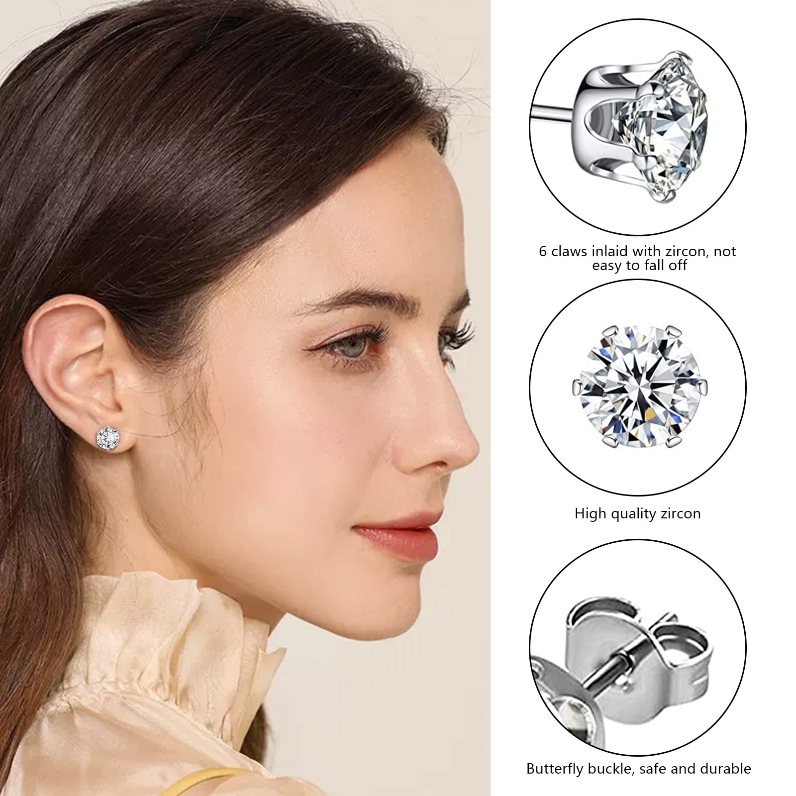 6 Paia Orecchini Uomo Diamante Donna con Zirconia Cubica, Anallergici in Acciaio Chirurgico al Titanio, Brillantini 3 - 8 mm, Bianco