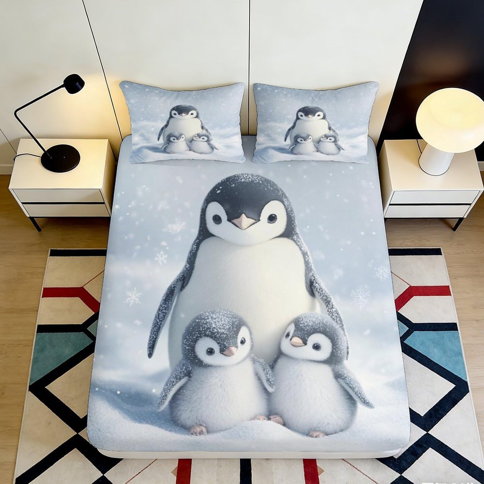 3D Printed Penguin Family Fitted Sheet Microfiber Soft Breathable Snowfall Bed Cover for Bedroom Dormitory Guest Room Mattress Protection Decor 120x200x25cm