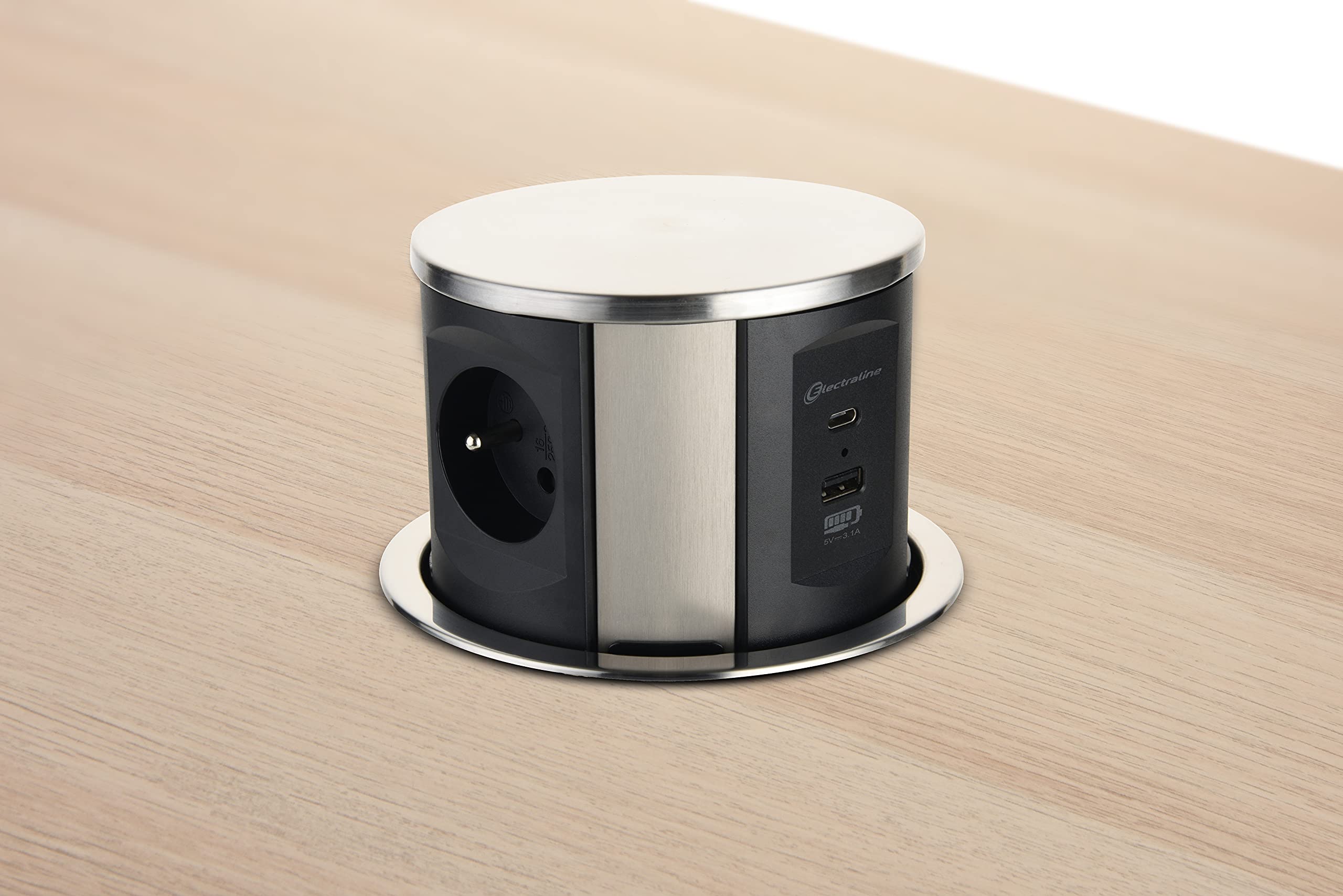 Electraline 35446 - Regleta de enchufes retráctiles (3 16 A, estándar francés, 2 3,1 A, 1 USB Tipo C, 15,5 W, Enchufe empotrable para Cocina, diámetro 120 mm, 2 m, Negro, Vertical