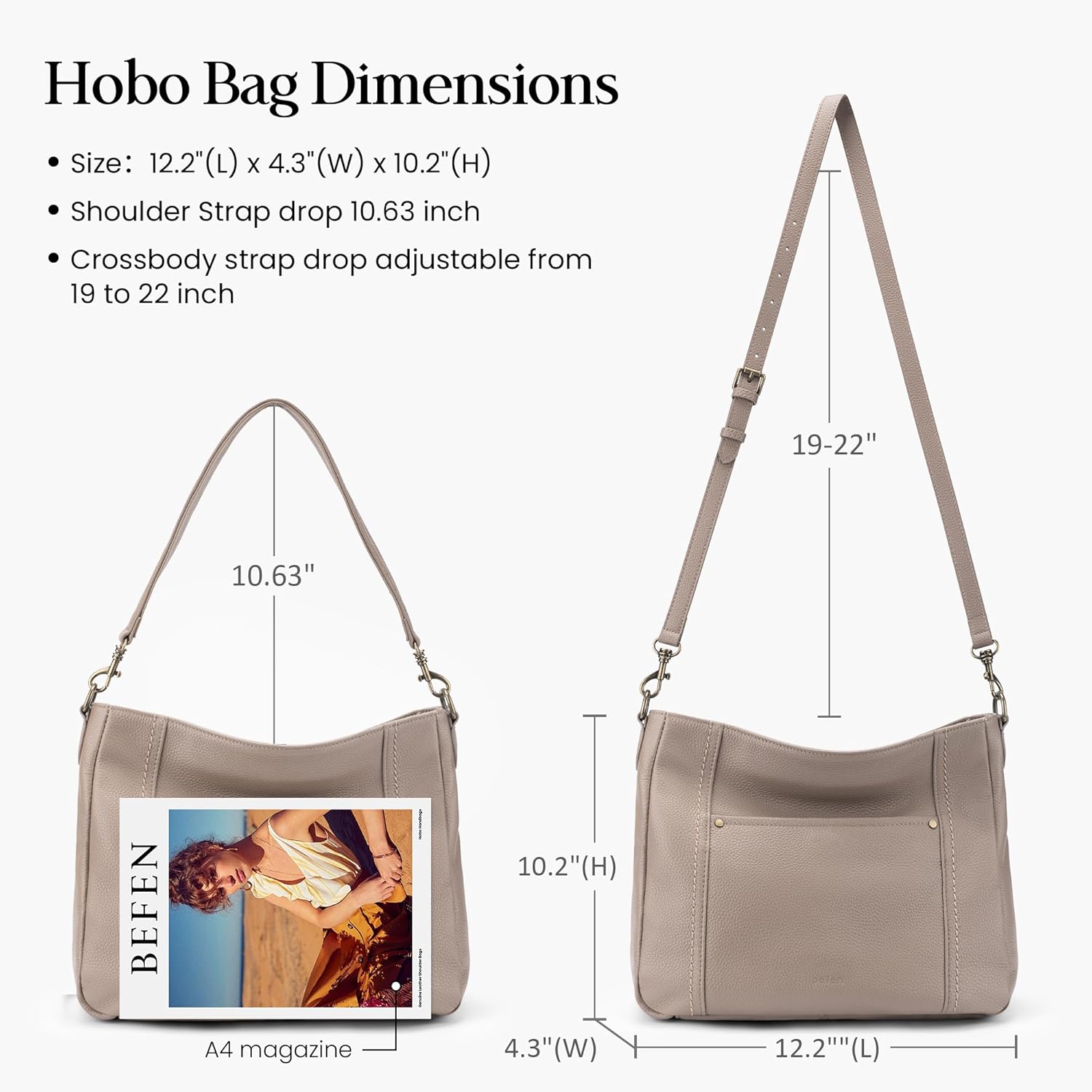 befen Genuine Leather Hobo Crossbody Bags for Women Retro Leather Purses Handbags Shoulder Bag with 2 Shoulder Straps - Image 4