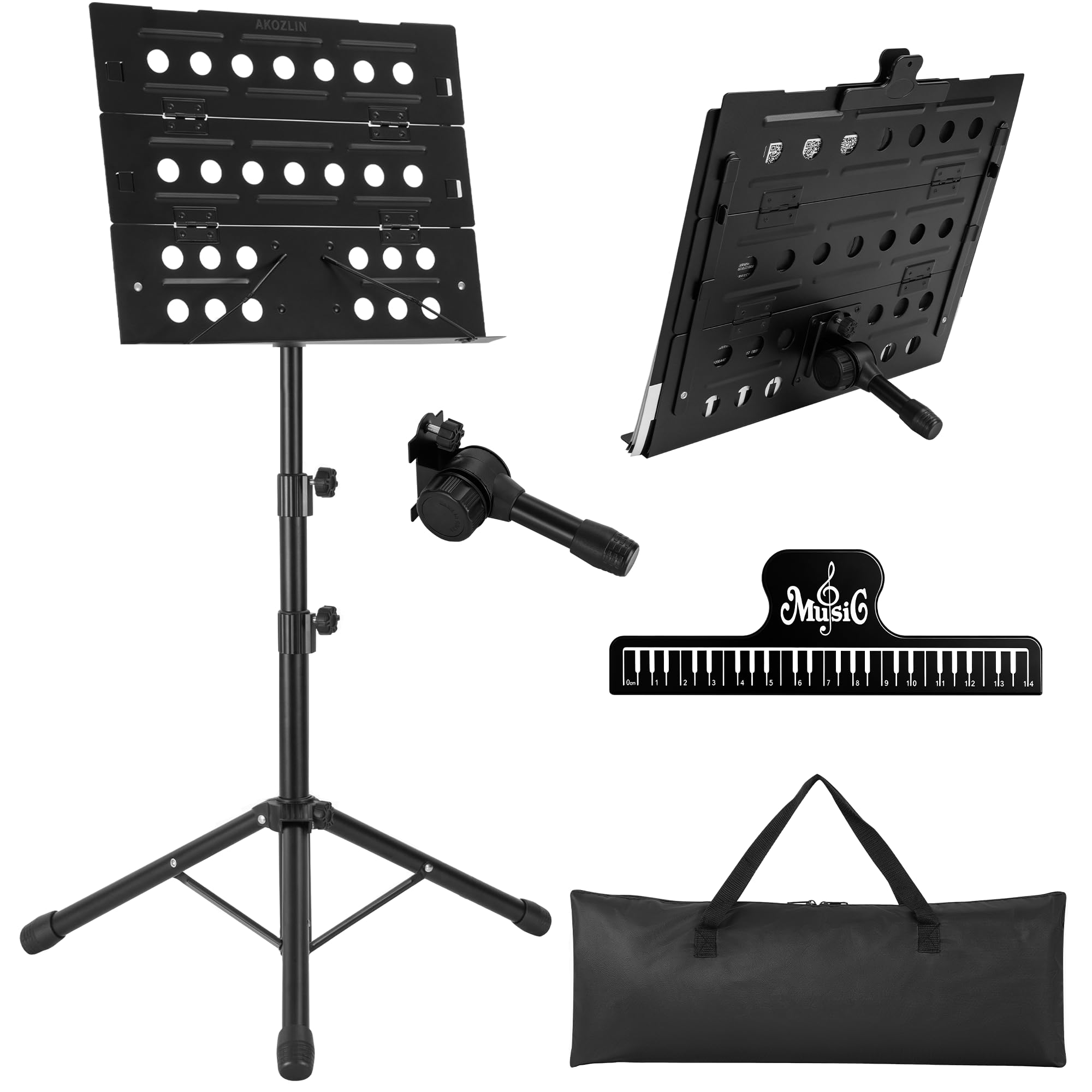 AKOZLIN Pupitre avec sac de transport, support de livre de bureau et clip, angle réglable, hauteur pliable réglable de 75 à 140 cm, pupitre pour performance instrumentale, groupe et voyage