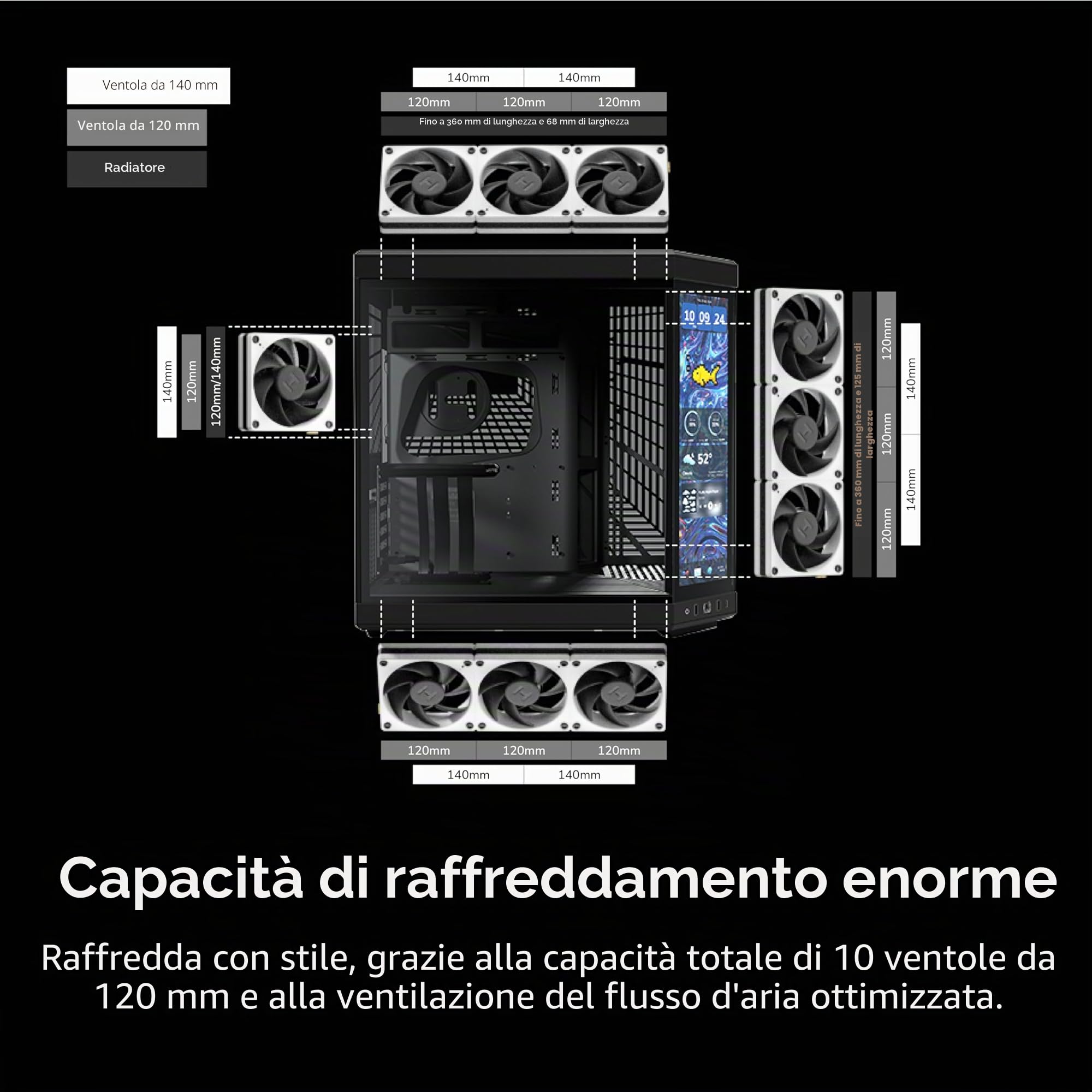 HYTE Y70 Touch Infinite Dual Chamber ATX Mid Tower - Custodia estetica moderna con touchscreen LCD 2,5K integrato, colore: Nero