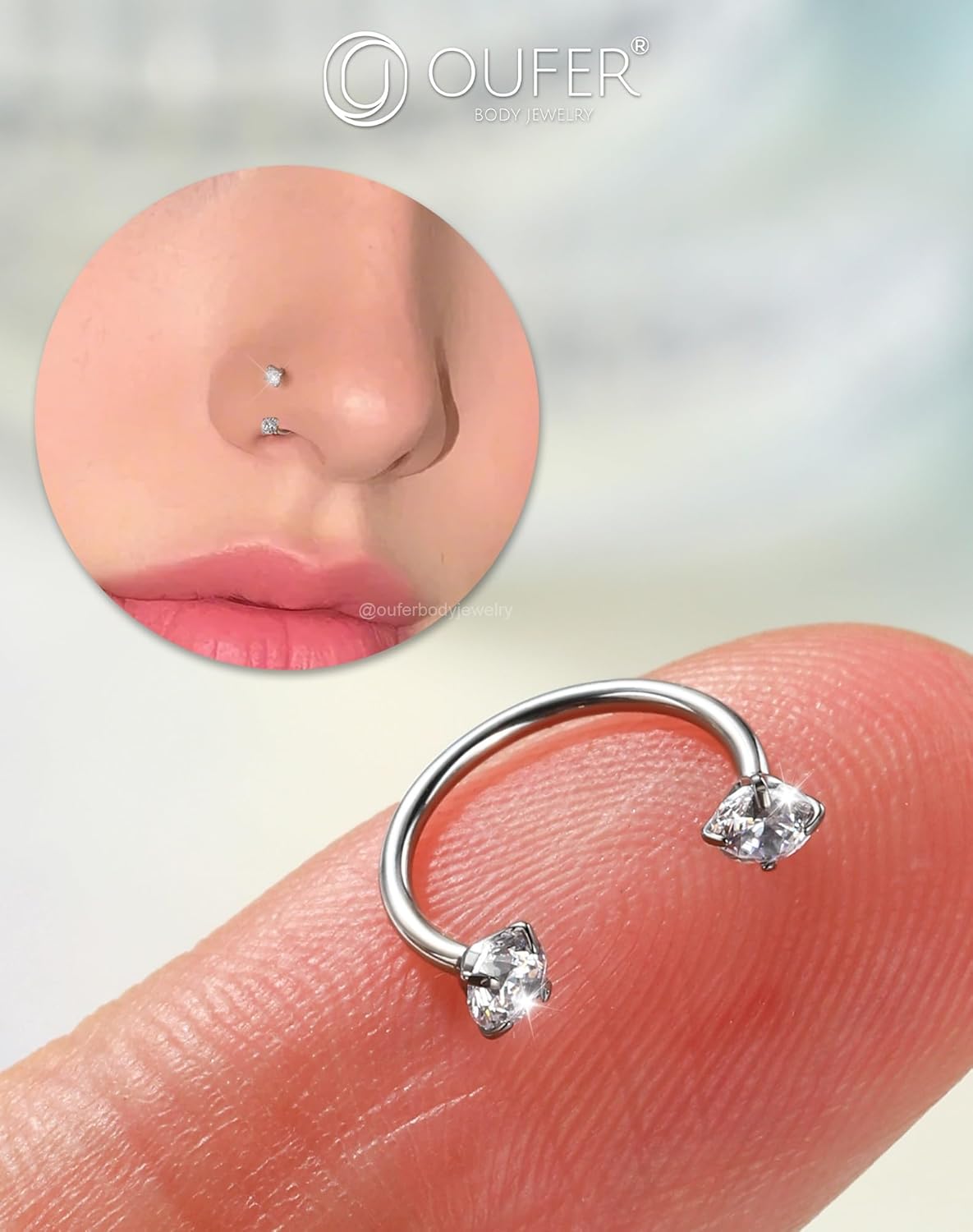 OUFER Horseshoe Nose Rings Studs, 20G Internally Threaded Nose Rings For Women, 316L Surgical Steel Double Cubic Zirconia Nose Studs, Lip Eyebrow Helix Ear Piercing Jewelry - Image 7