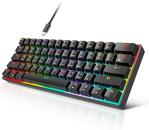 targeal Teclado 60% mecánico para juegos, interruptor amarillo Gateron de 61 teclas, teclado silencioso para computadora de oficina, multicolor, RGB