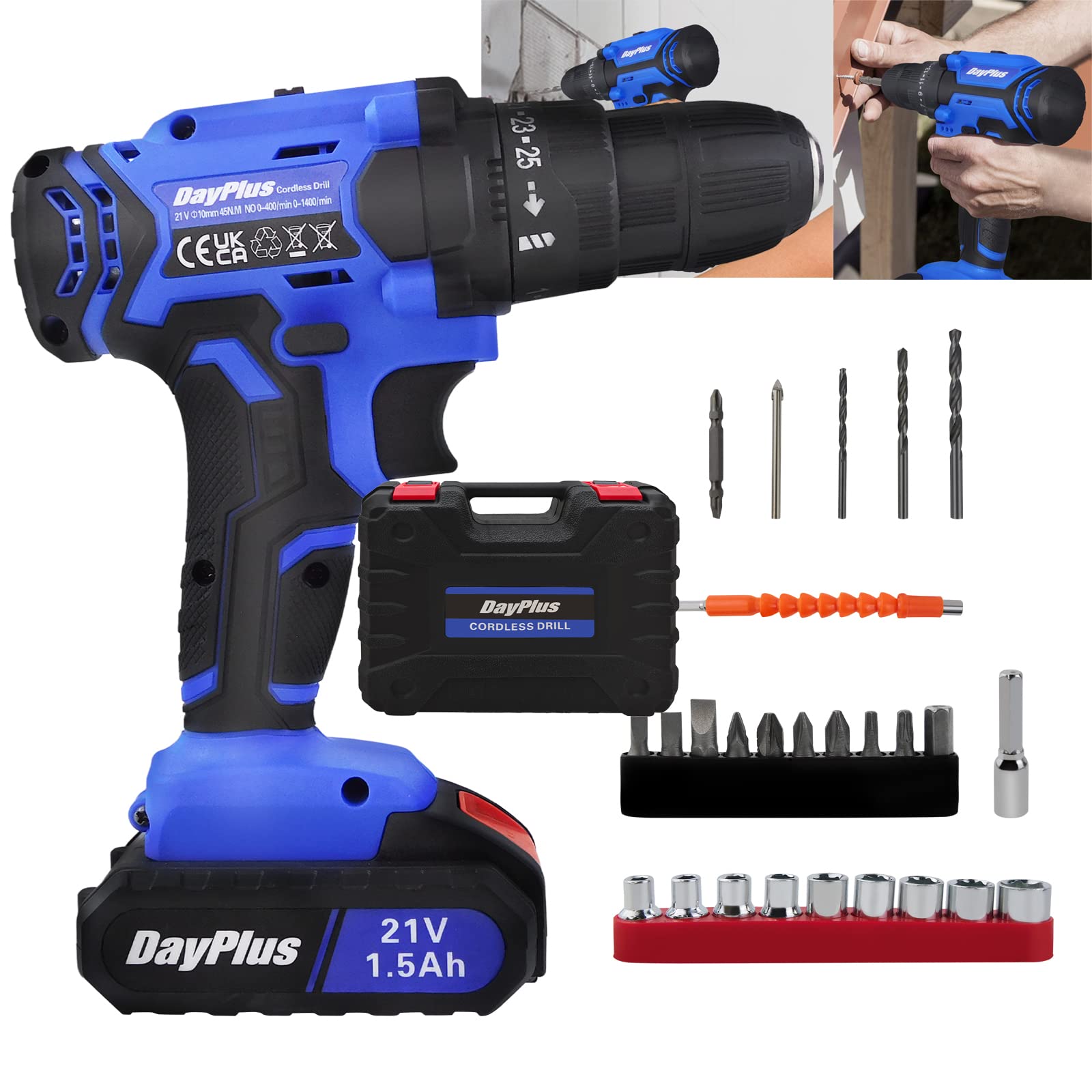 Trapano a batteria 25+1 impostazione di coppia Srewdriver senza fili con 26 punte per trapano Case 2 batterie da 1,5 Ah 2 velocità variabile (0-400 e 0-1400 giri/min) Coppia massima fino a 45 N.m