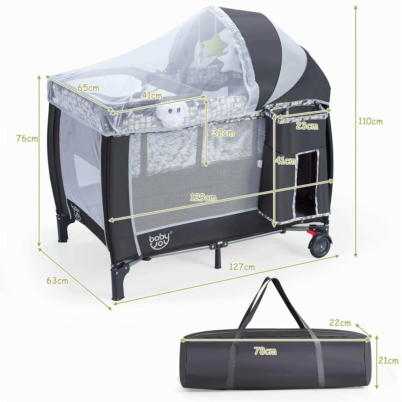 DREAMADE Lit Parapluie Bébé 3 en 1 Lit de Voyage Pliable avec Table à Langer&Auvent Mobile&2 Roues avec Frein&Porte-Couche,0-36 Mois