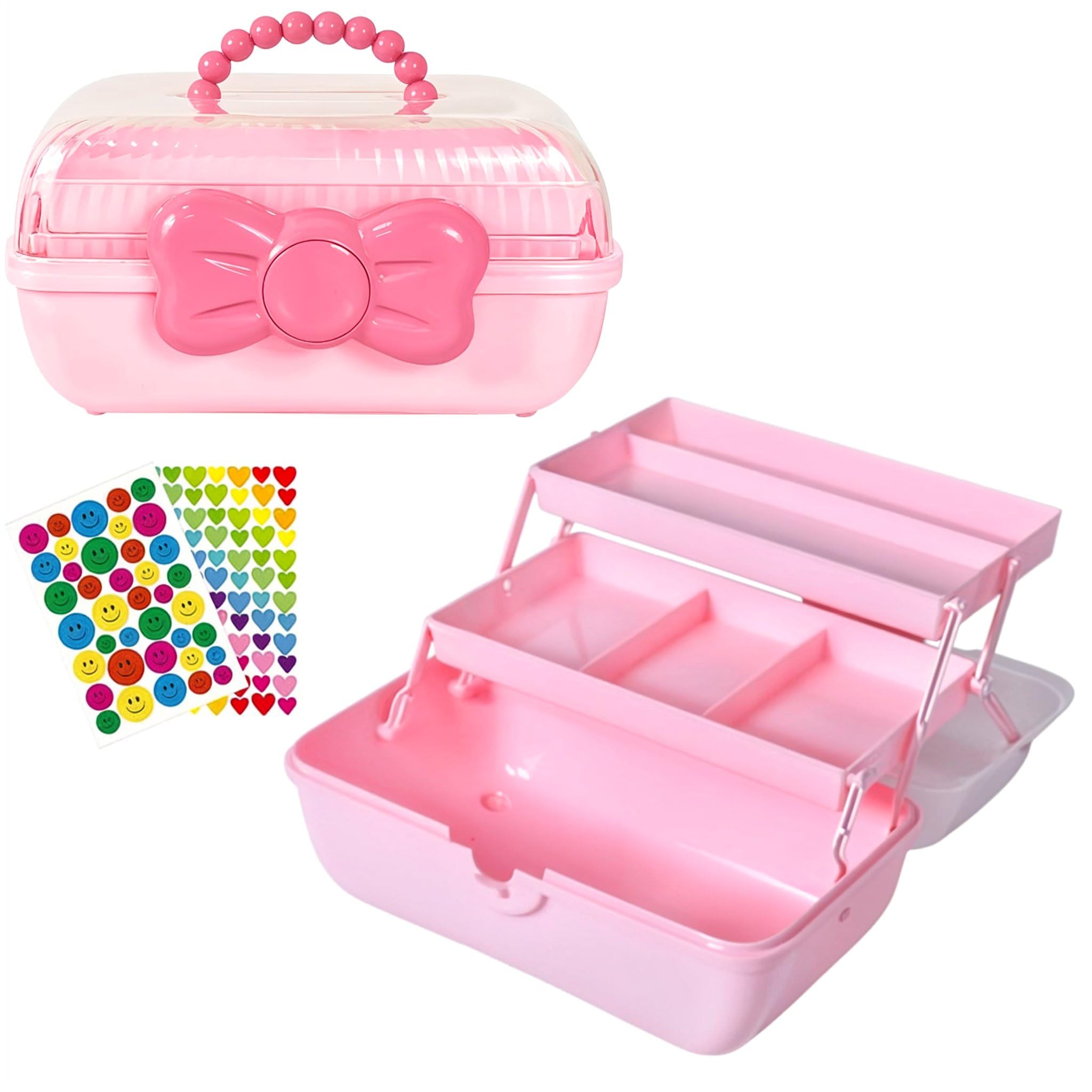 Daskid Pink Craft Storage Box With Handle, 3 Layer Multipurpose Storage Box With Compartments - Organiser Box - For Jewelry Cosmetics Craft - Beauty - Sewing And Medicine Storage ( Box)