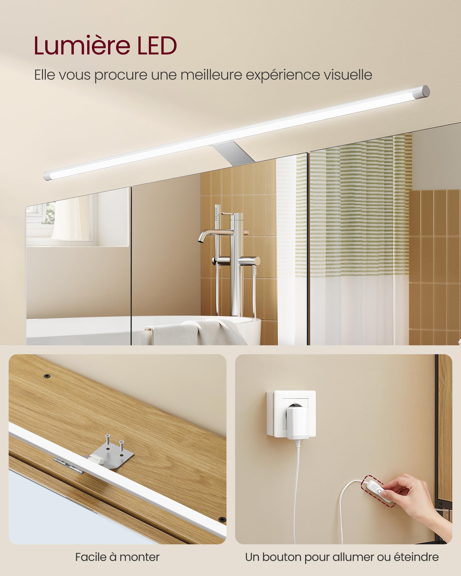 VASAGLE Armoire de Salle de Bain avec éclairage LED, 14,5 x 70 x 70 cm, Miroir 3 Portes, Meuble Mural avec Miroir, Prise, Panier, Support pour sèche-Cheveux, chêne Naturel BBK124Y01