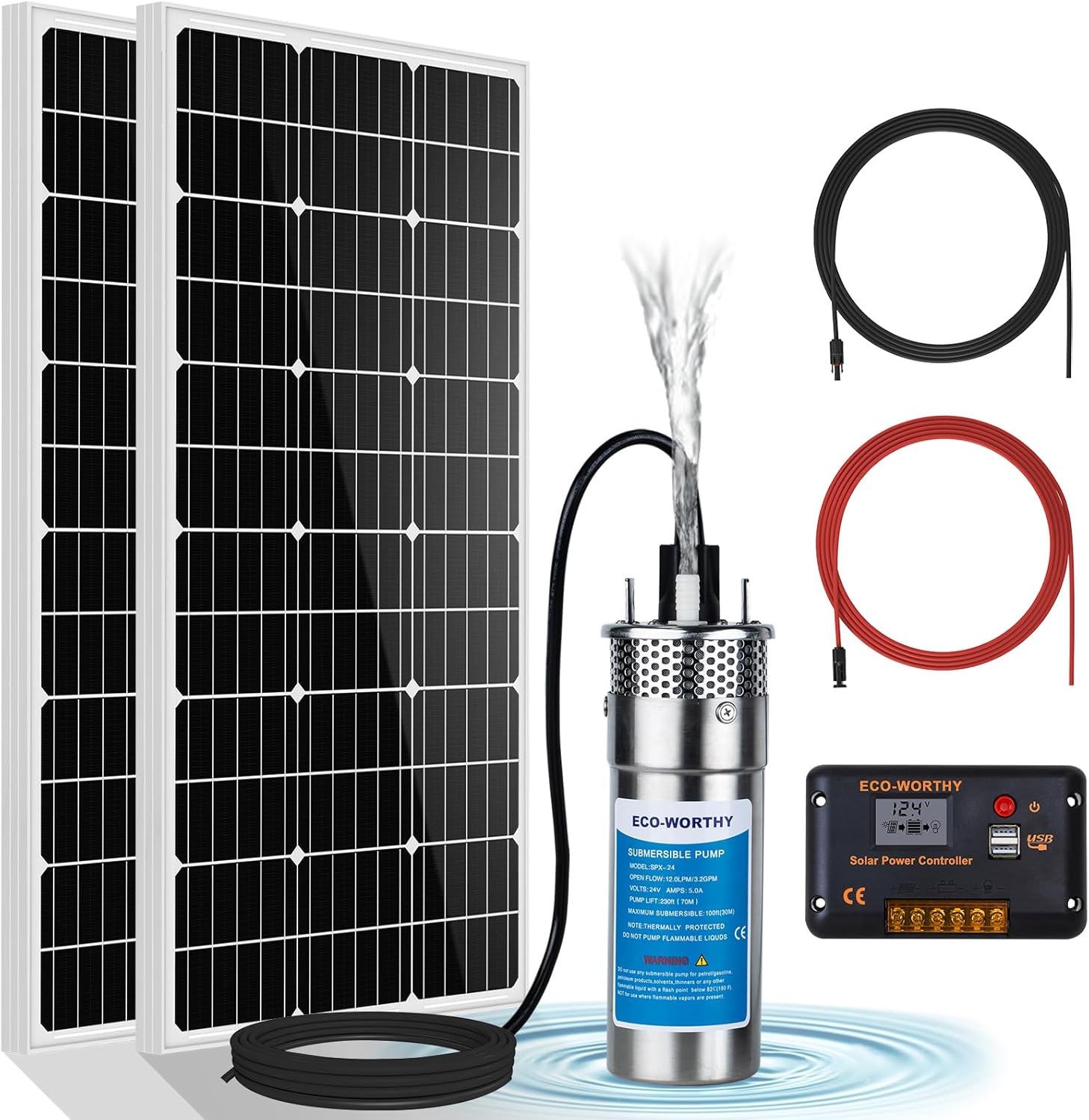 ECO-WORTHY 24V Solar Water Pump Kit, Large Flow 3.2GPM, 2pcs 100 Watts Solar Panel + Submersible Well Pump + 20A Controller + 16ft Cables for Off-grid Irrigation,Garden Camping