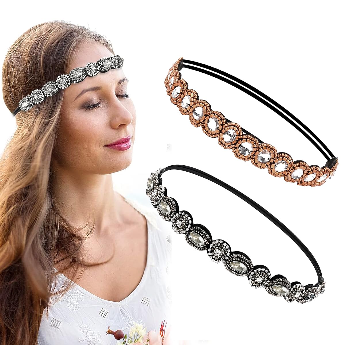 2pcs Beaded Headband for Women, Pearl Hairband Rhinestone Elastic Hair Bands, Handmade Fashion Jewelry Headband for Girls Ladies