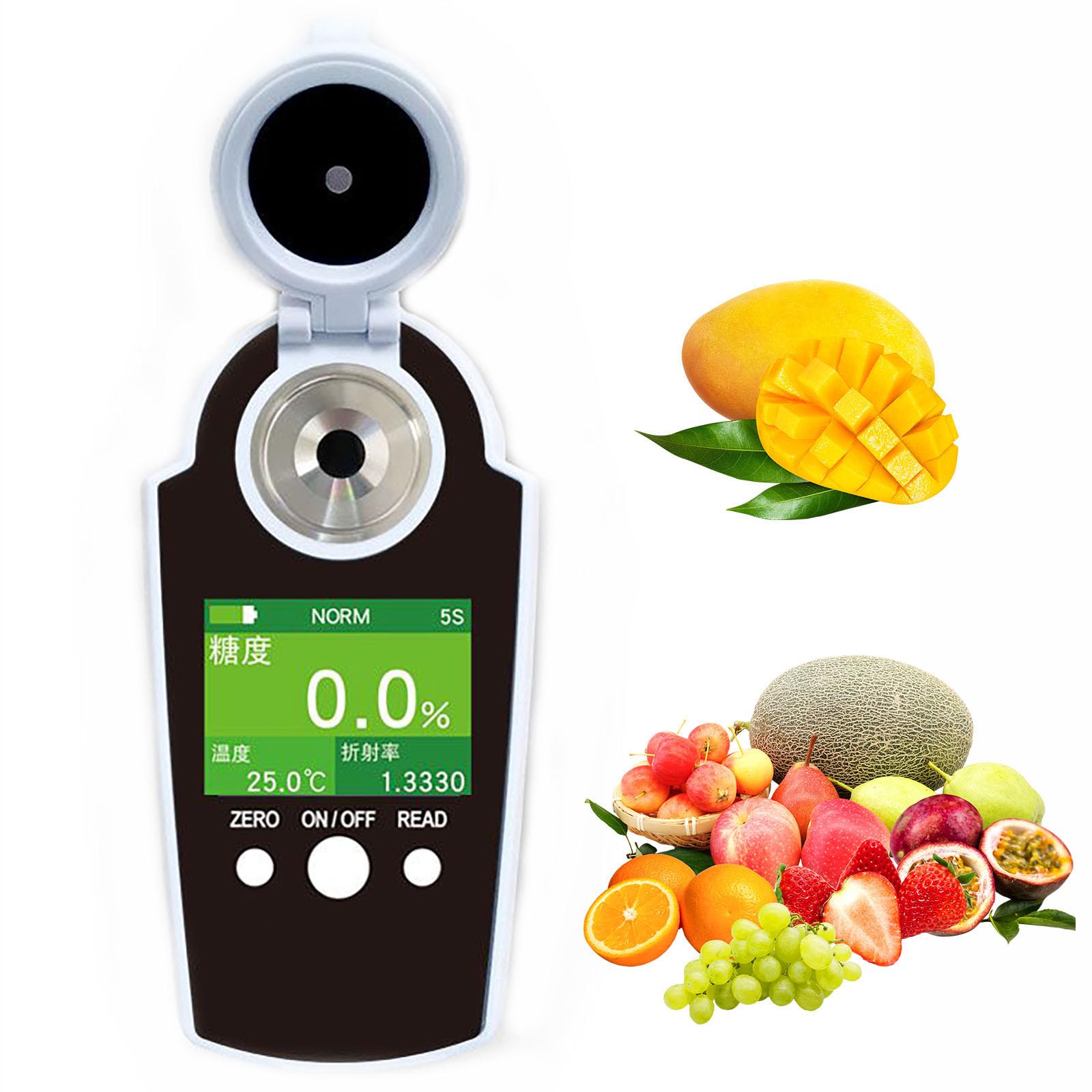 Rifrattometro digitale Brix per test zucchero frutta, intervallo 0-58%, risoluzione 0,1%, compensazione automatica della temperatura per uso alimentare e bevande