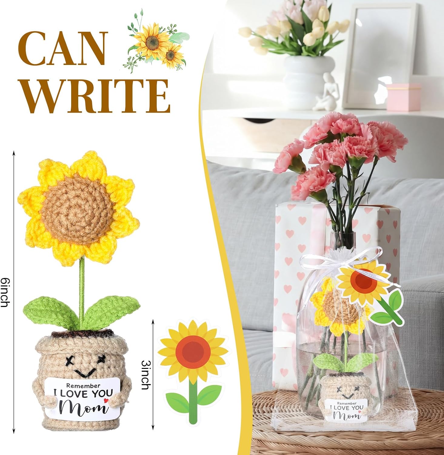 18 Pcs/6 Set Mini Sunflower Gift for Mom Mothers Day Crochet Sunflower Remember I Love You Mom Handmade Doll Crochet with Card Gifts Bags from Daughter Son for Women's Day Present Idea