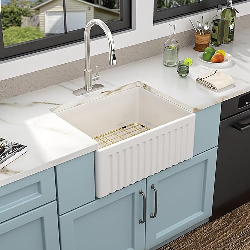 Miniatura 2 de Fregadero de granja blanco de 24"x18"  Frente de delantal reversible, porcelana cerámica de arcilla refractaria de alto brillo, fregadero de granja