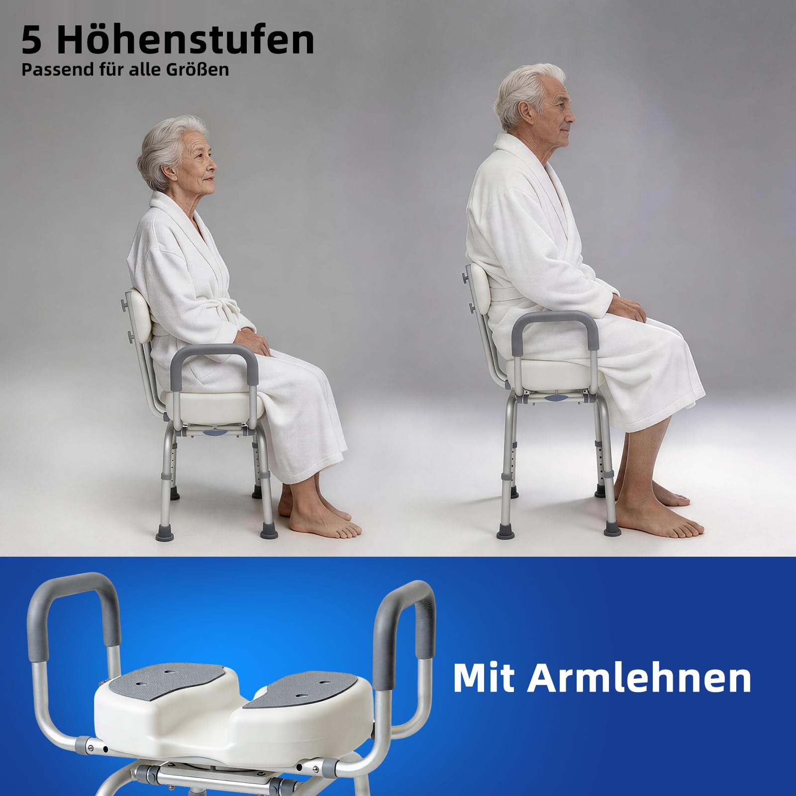 EasyVibe Duschstuhl 360° Drehbar für Senioren, 52cm Breiter Duschhocker mit 3D U-Ausschnitt, 1,25mm Aluminiumrahmen, Gepolsterte Armlehnen, Belastbar bis 150kg