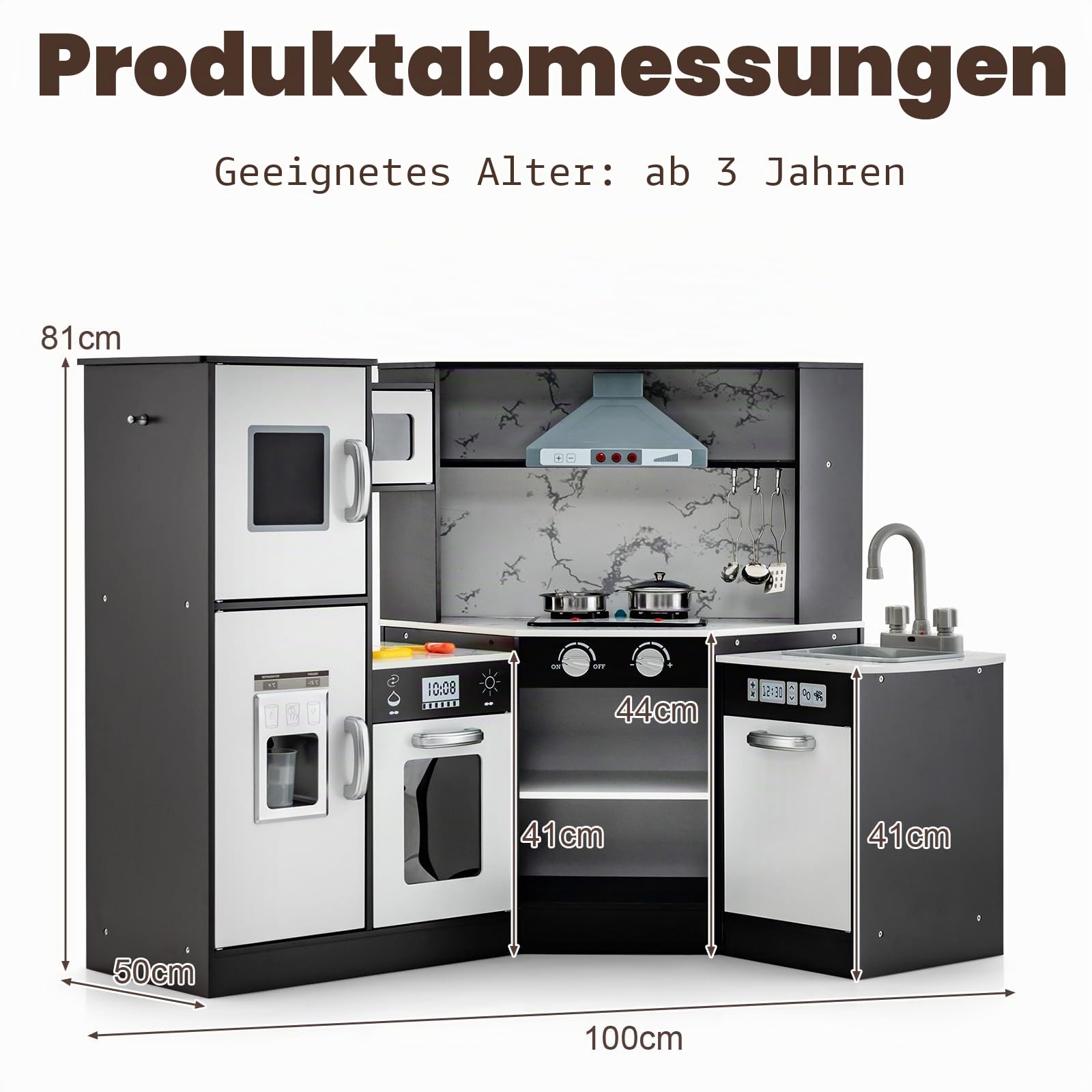 HOMASIS Eck Kinderküche Holz, Spielküche mit Licht, Sound & Dampf, inkl. 16 Zubehör, Spielzeugküche mit Spüle Herd Ofen Mikrowelle Eismaschine Kühlschrank Tafel, Küchenspielset für ab 3 Jahren (Braun)