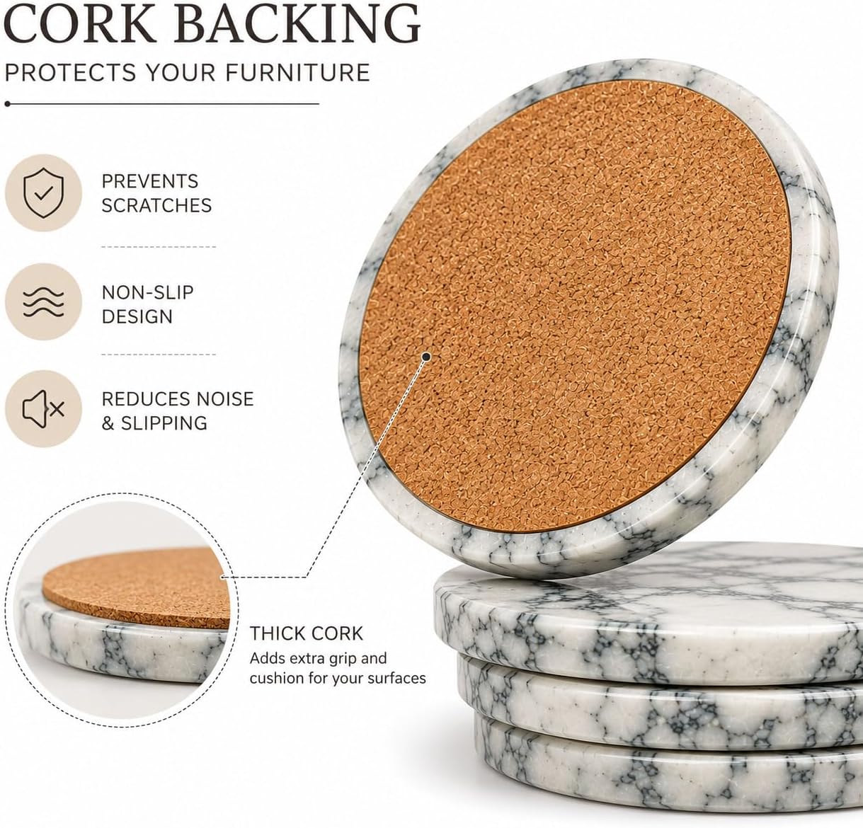 Green Vein White Marble Coasters Set of 4, Natural Marble Drink Coasters with Cork Backing, Round Stone Coasters for Dining Table & Kitchen Decor