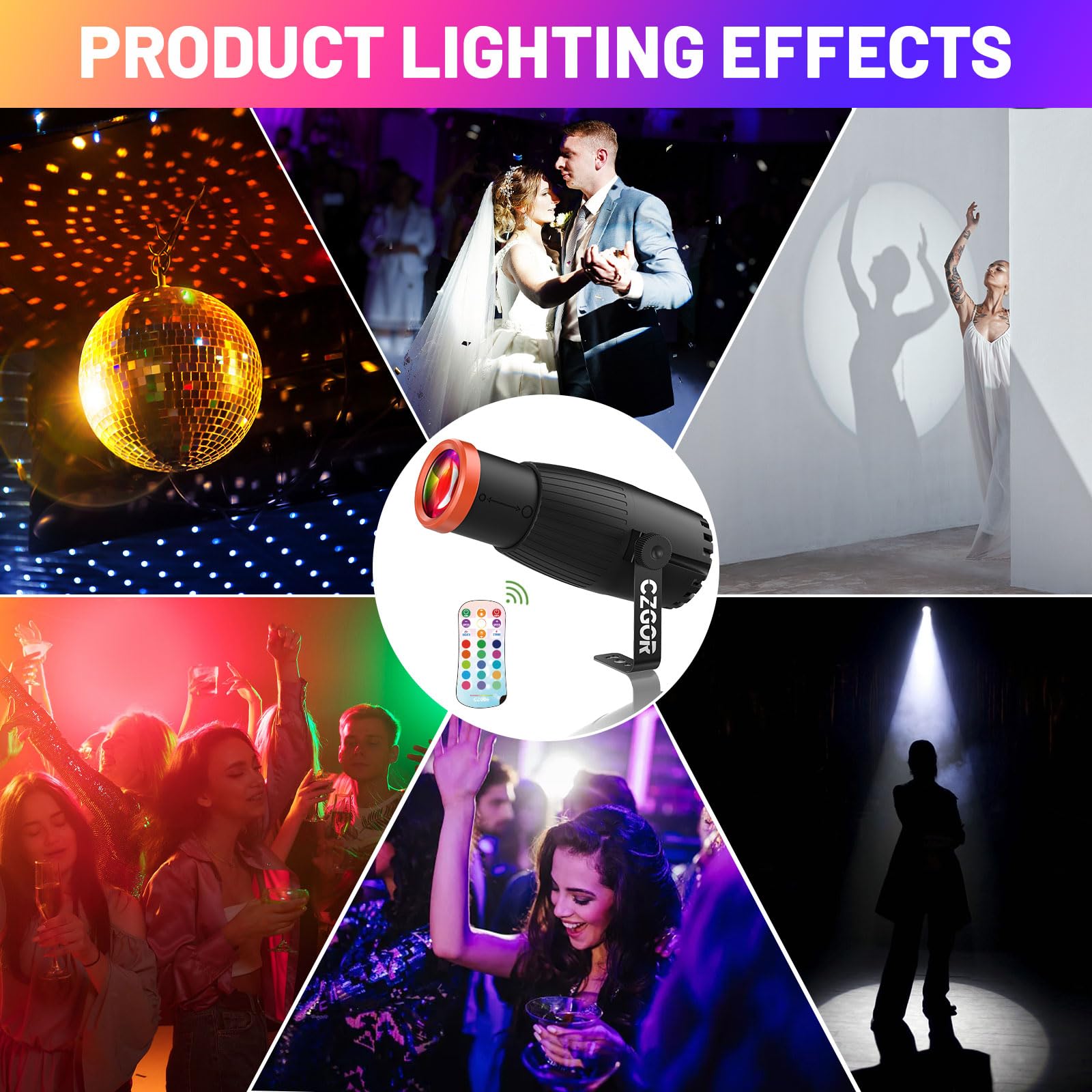 Pinspot LED Luce, Czgor 18W RGBW 4 in 1 Luci Spot con telecomando, Fuoco Manuale Palla Disco Spotlight, Super Luminoso con Colonna Guida Luce, Palcoscenico Illuminazione per Disco Party