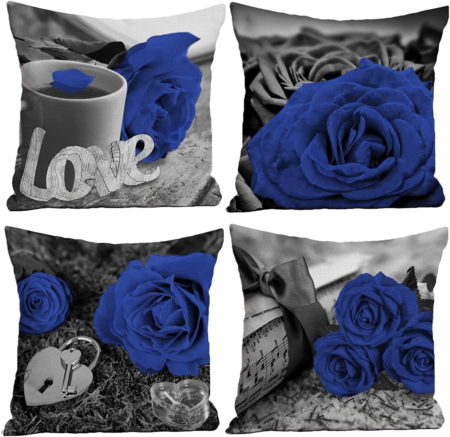 Dark Blue Throw Pillow Covers for Couch 18x18 Set of 4 Flower Blue Pillows Decorative Throw Pillow Covers Bed Living Room Pillow Cases Linen Farmhouse Pillow Covers for Spring Summer (Blue)