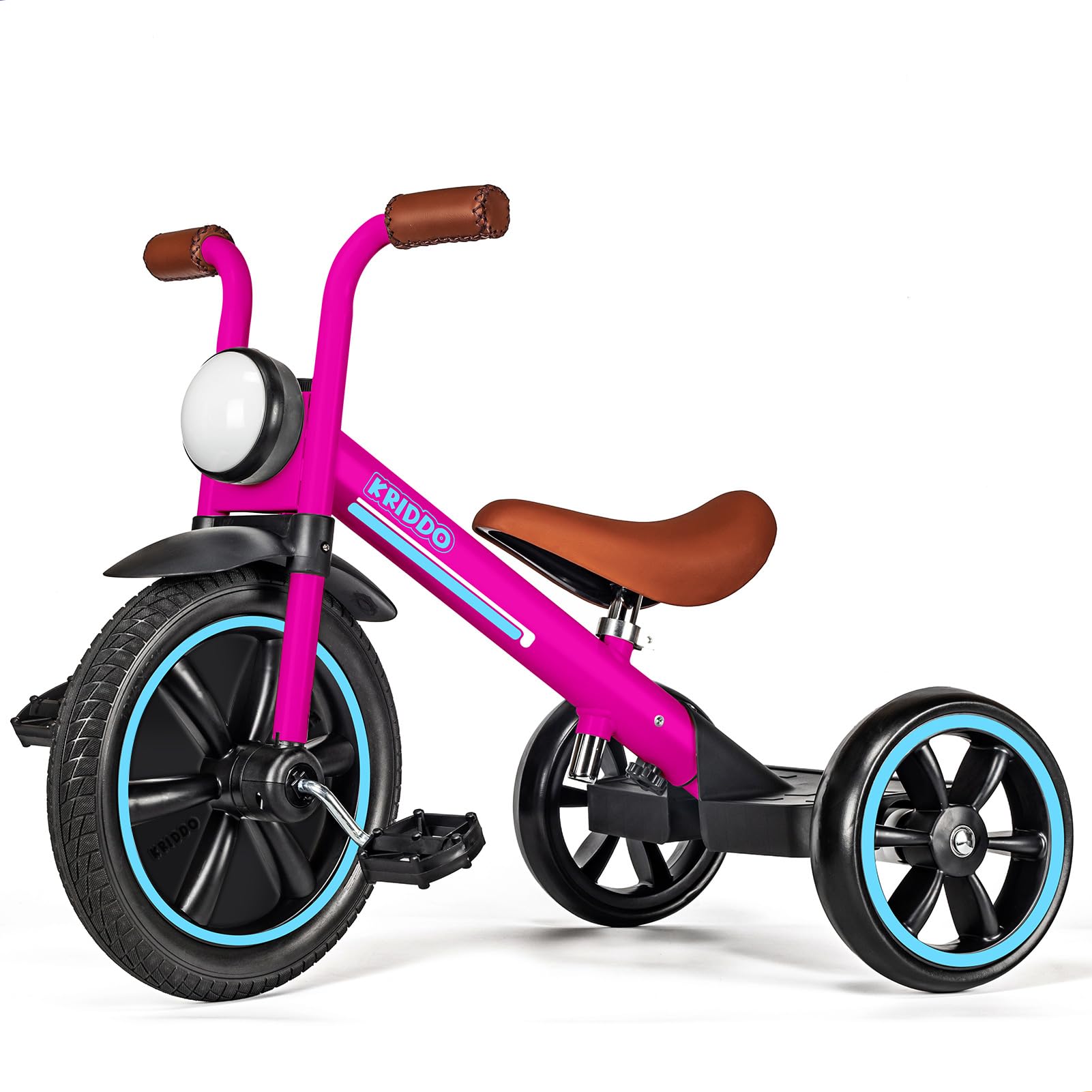 KRIDDO Kids Tricycles Age 2 Years to 5 Years, 12 Inch Puncture Free Rubber Wheel w Front Light, Kids Trike for 2.5 to 5 Year Old, Gift Toddler Tricycles for 2-5 Year Olds, Trikes for Toddlers, Pink