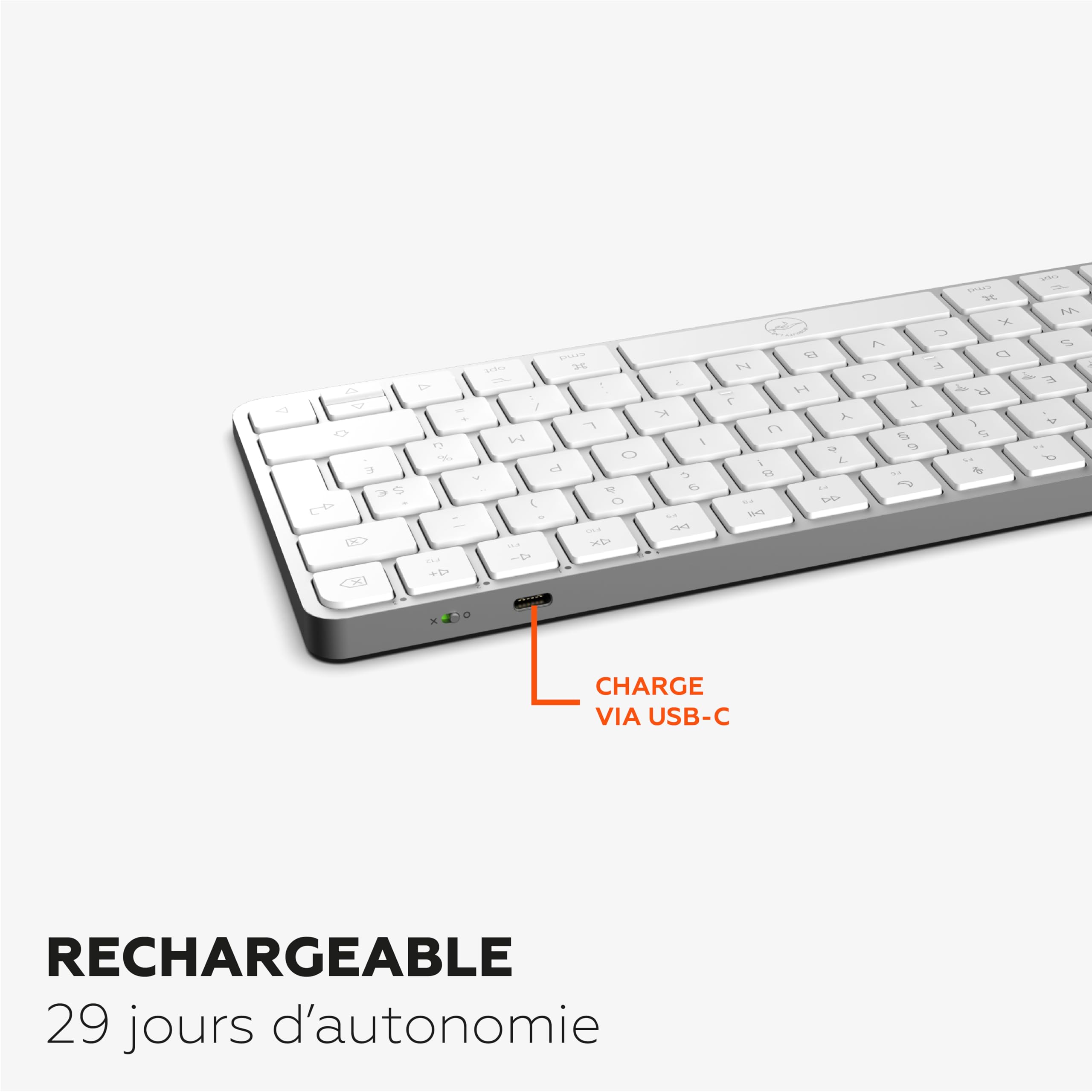 Mobility Lab – KMP2000W Mini – Tastiera Mac Mini Wireless Multi-Connessioni – AZERTY, ricevitore USB 2.4 Ghz + 3 Bluetooth, 12 scorciatoie multimediali, ricarica rapida tramite USB-C – Mac