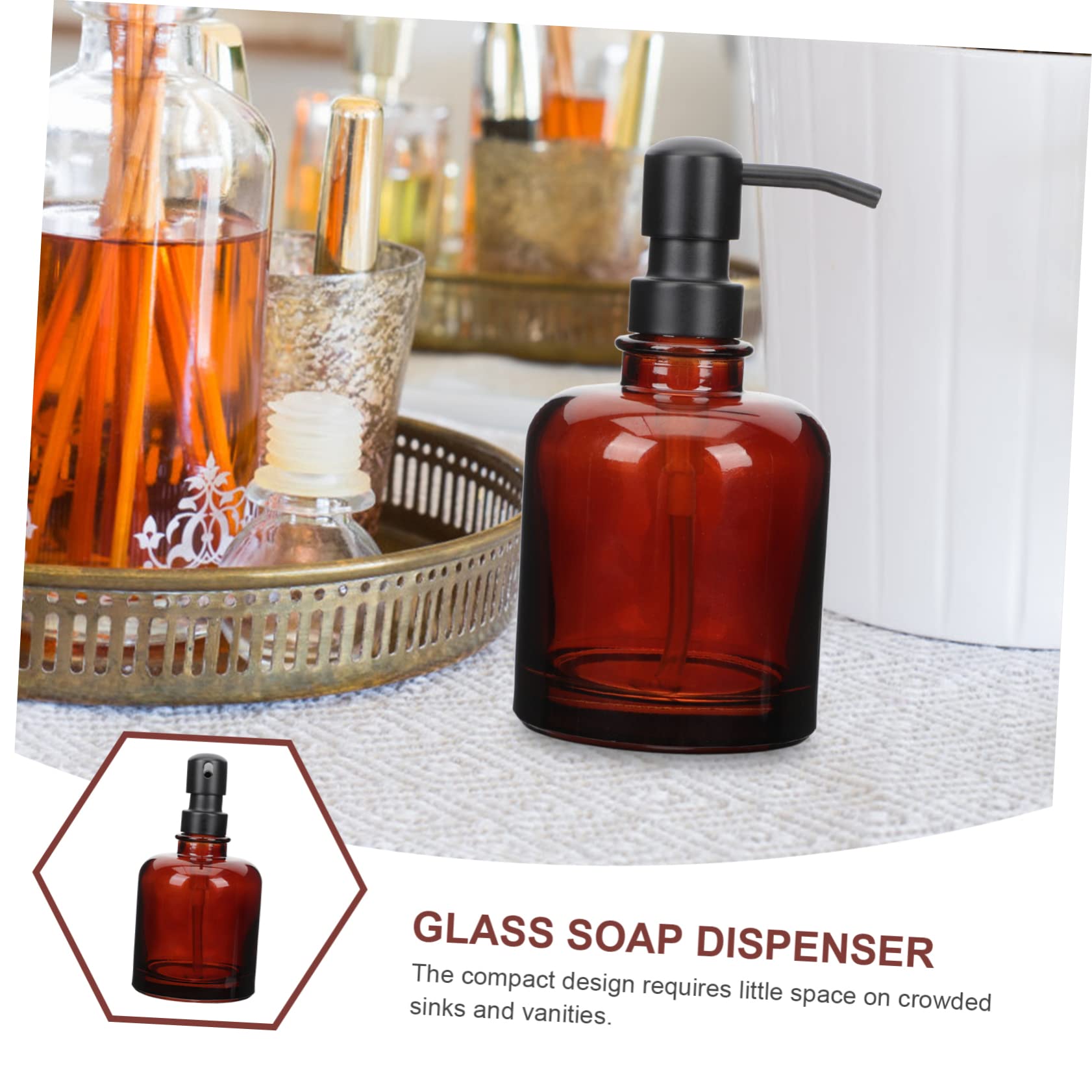 Dispenser Sapone in Vetro Ambrato 12 Oz con Pompa in Acciaio Inox, Ricaricabile e Compatto per Bagno e Shampoo