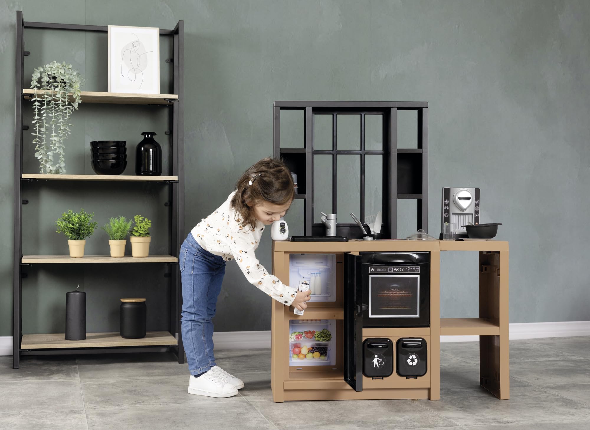 Smoby Cucina Loft 7600312600, +3 Anni, Stile Industriale, Altezza Piano 50 cm, 32 Accessori, Raccolta Differenziata, Made in France