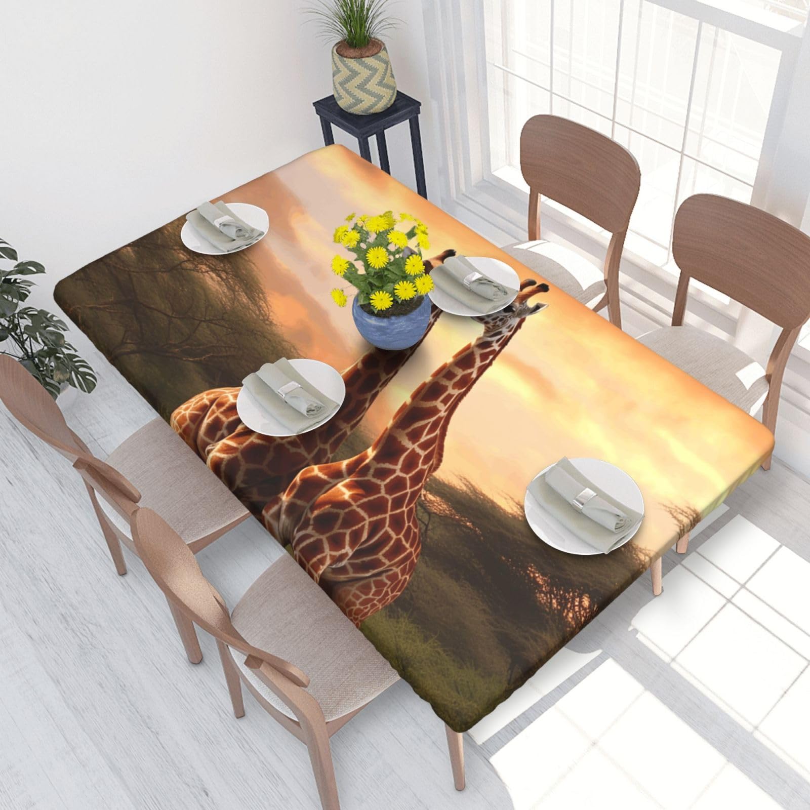 Couple Giraffe Waterproof Square Table Cover Elastic Fitted Tablecloth Oil Proof Table Protector For 4ft Table