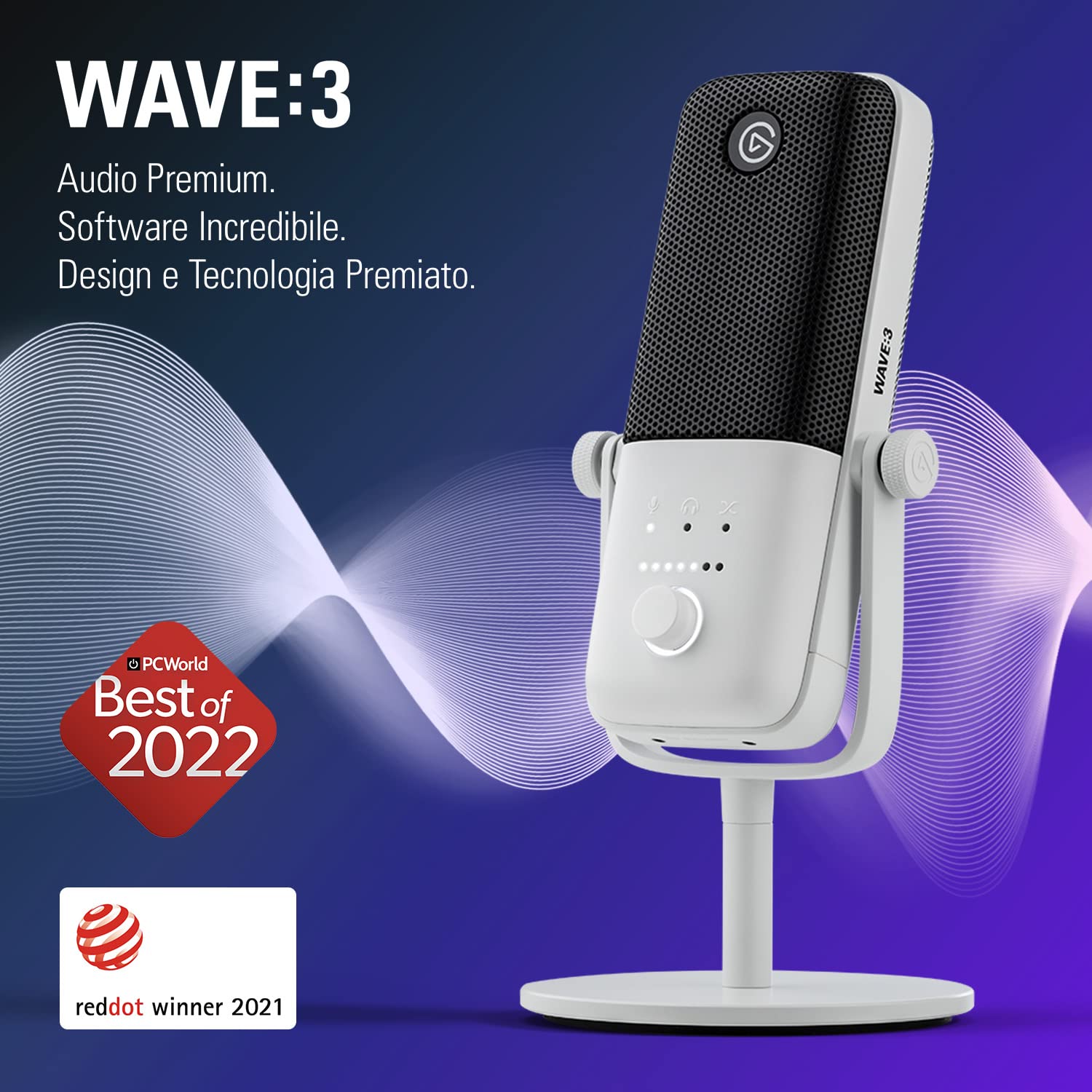 Elgato Wave:3 White, microfono condensatore USB premium per streaming, podcast, gaming e home office, software di mixaggio gratis, plug-in per effetti audio, anti-distorsione, plug ’n play, Mac, PC