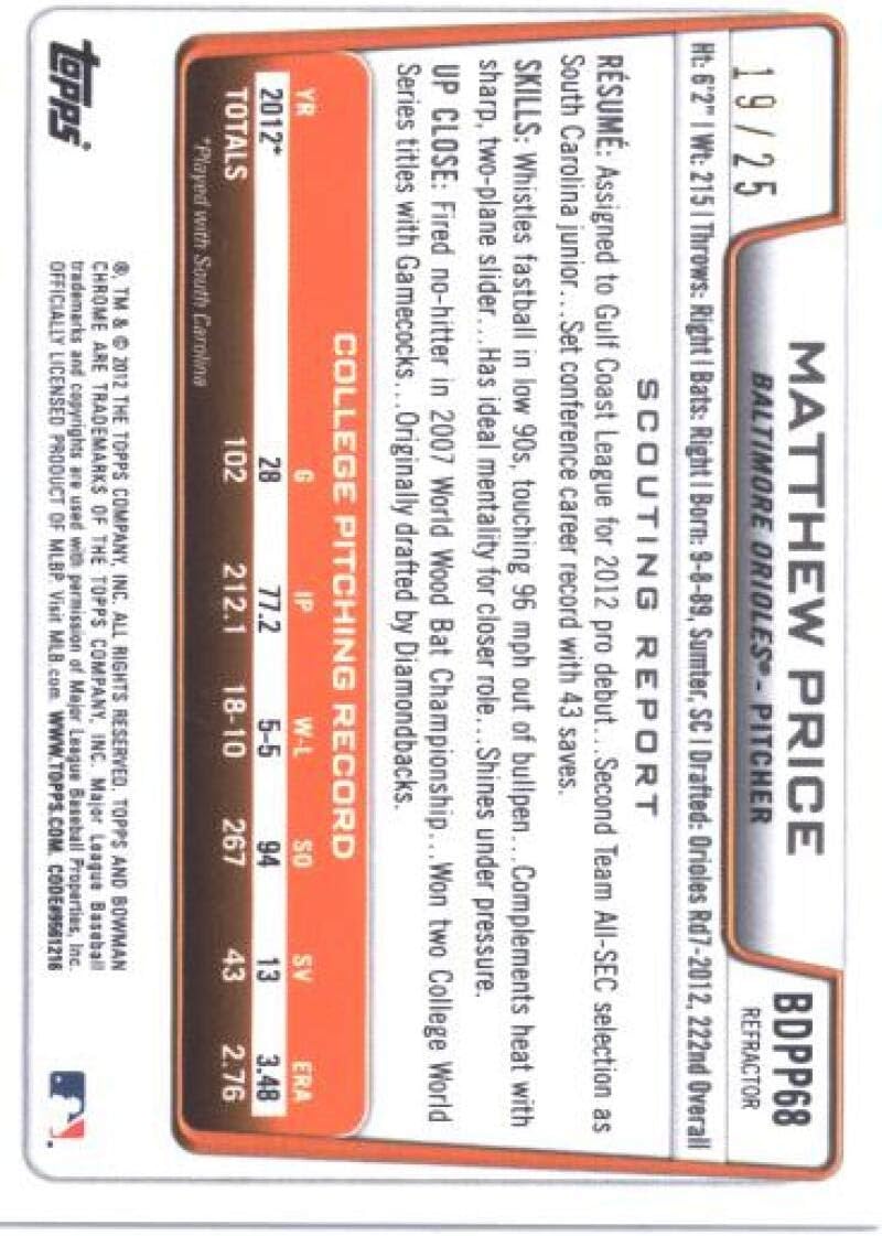 2012 Bowman Draft Chrome Draft Picks Orange Refractors #BDPP68 Matthew Price Baltimore Orioles MLB Baseball Card /25 NM-MT