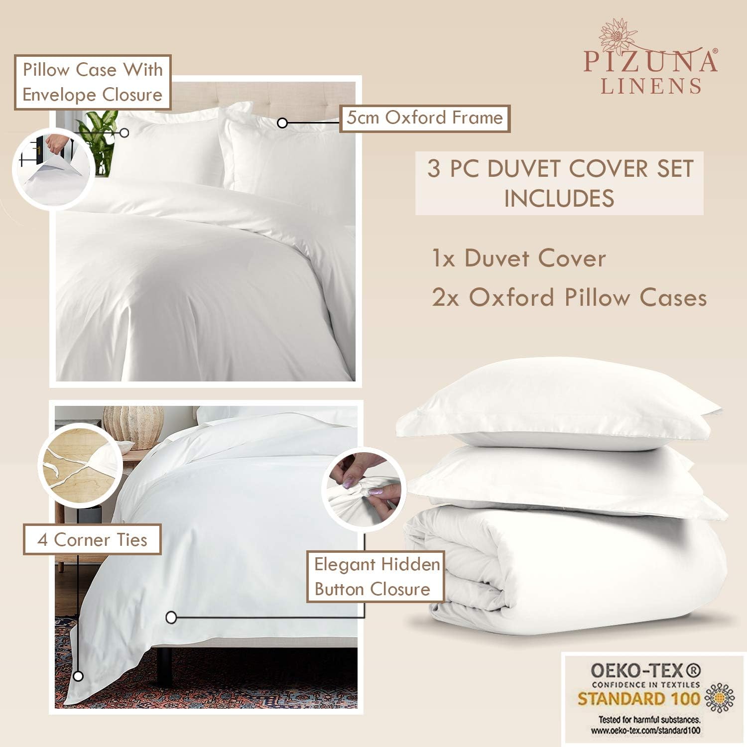 Pizuna 100% Cotton Super King Duvet Cover Set Off White, 400 Thread Count Long Staple Cotton Superking Duvet Cover 260x220cm - Image 4