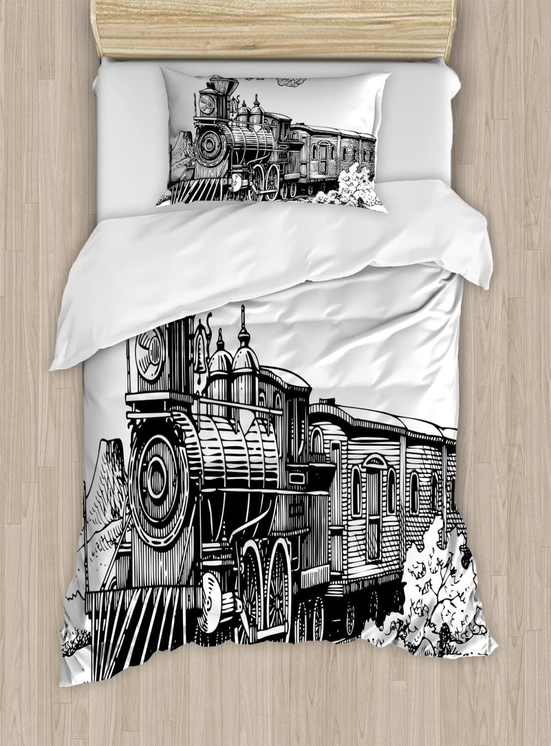 Ambesonne Steam Engine Duvet Cover Sets, Rustic Old Train in Country Locomotive Wooden Wagons Rail Road Smoke, Bedding Set with 2 Duvet Covers & 4 Pillowcases, 2 Pack Queen Size, White