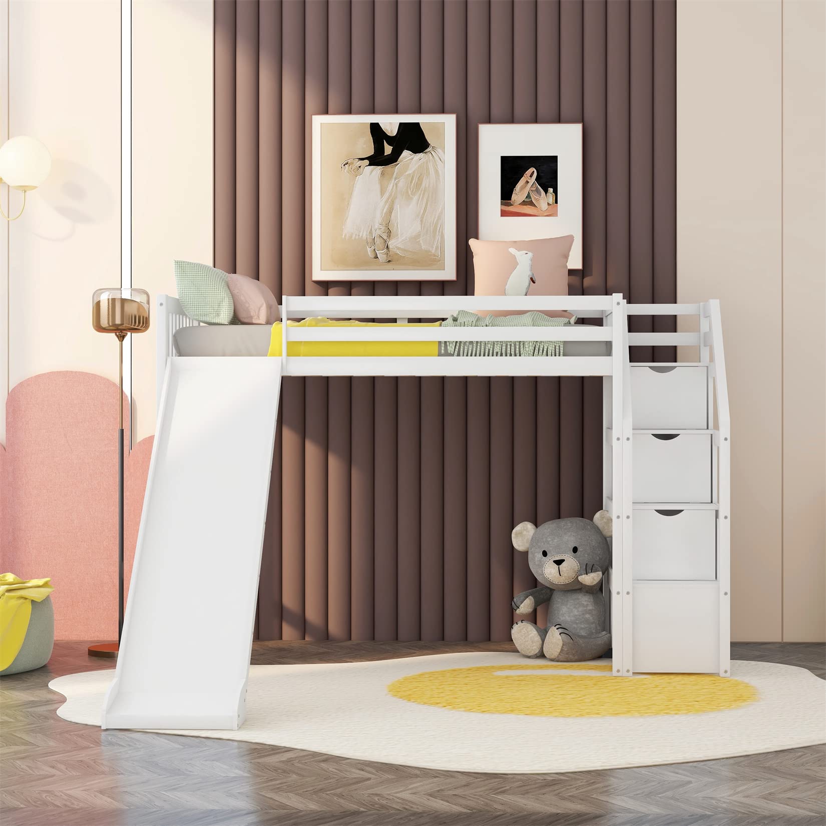 Bellemave Loft Bed with Slide, Kids Wood Twin Loft Bed with 3 Step