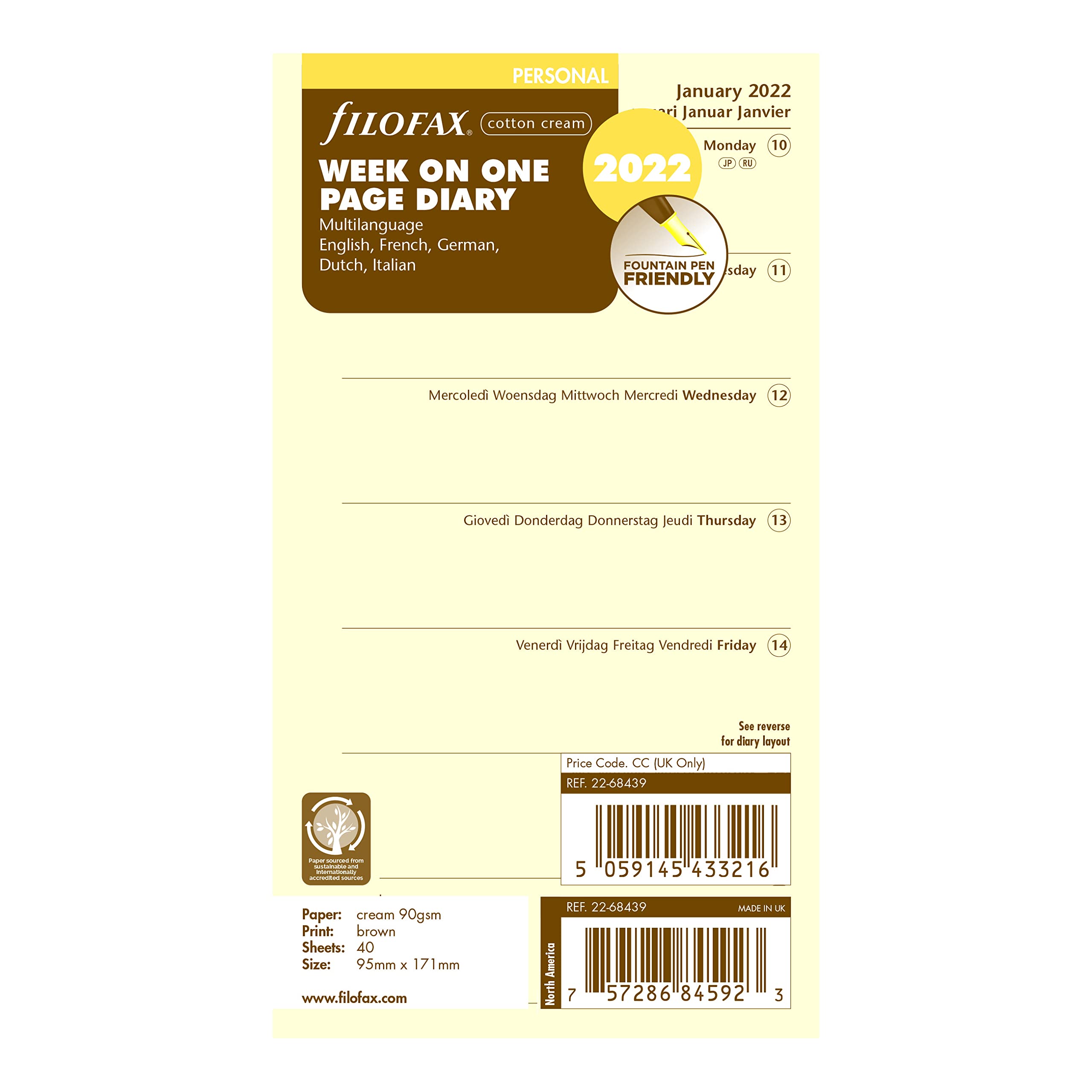 Filofax - Ricarica, formato personale/compatto, settimanale su una pagina, carta di cotone, senza righe, multilingue: cinque lingue, 2022 (C68439-22)