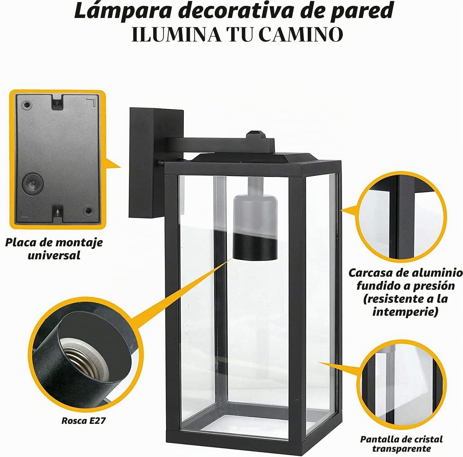 Lámpara de pared para exteriores, farol negro de aluminio, luz de porche para puerta de entrada, farol de pared para exteriores con aplique de pared antioxidante con pantalla de vidrio transparente