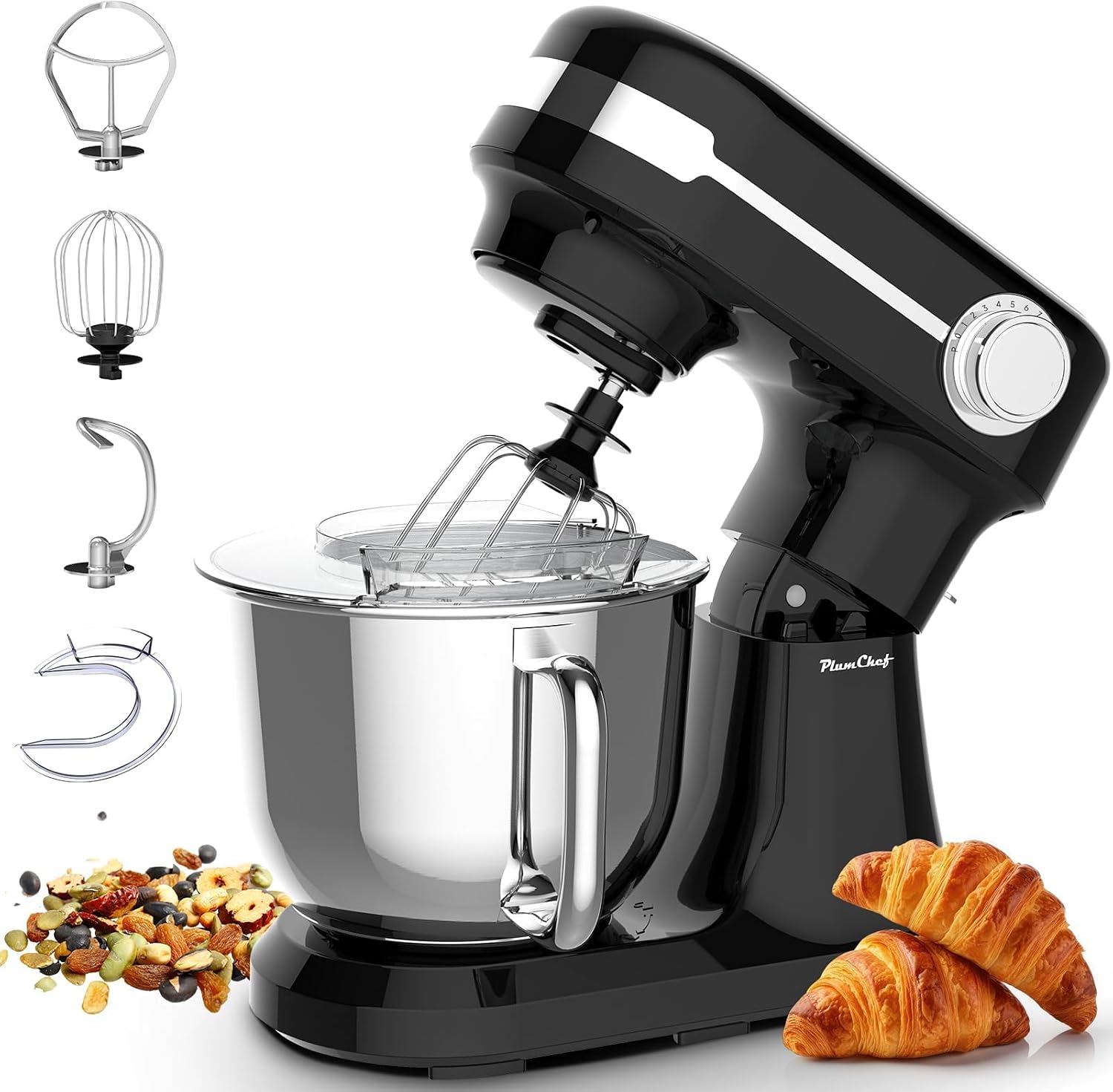Plum chef 5.5QT Electric Stand Mixer, 12-Speed Tilt-Head Food Mixer, Dough Mixer with Dishwasher Safe Stainless Steel Bowls, Dough Hook, Flat Beater, Whisk, Perfect for 4-6 Family,Dark Black
