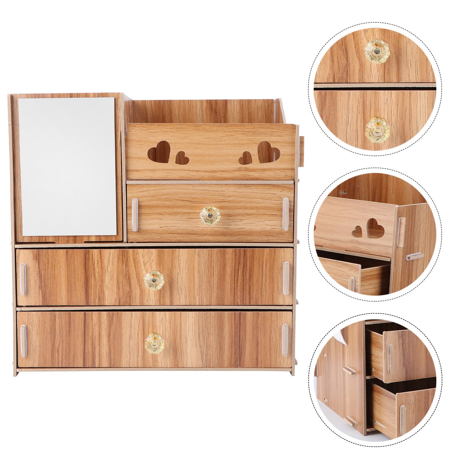 Boîte de Rangement Cosmétique en Bois Multifonctionnelle Tiroir Robuste et Miroir Intégrés pour Organiser Maquillage Bureau