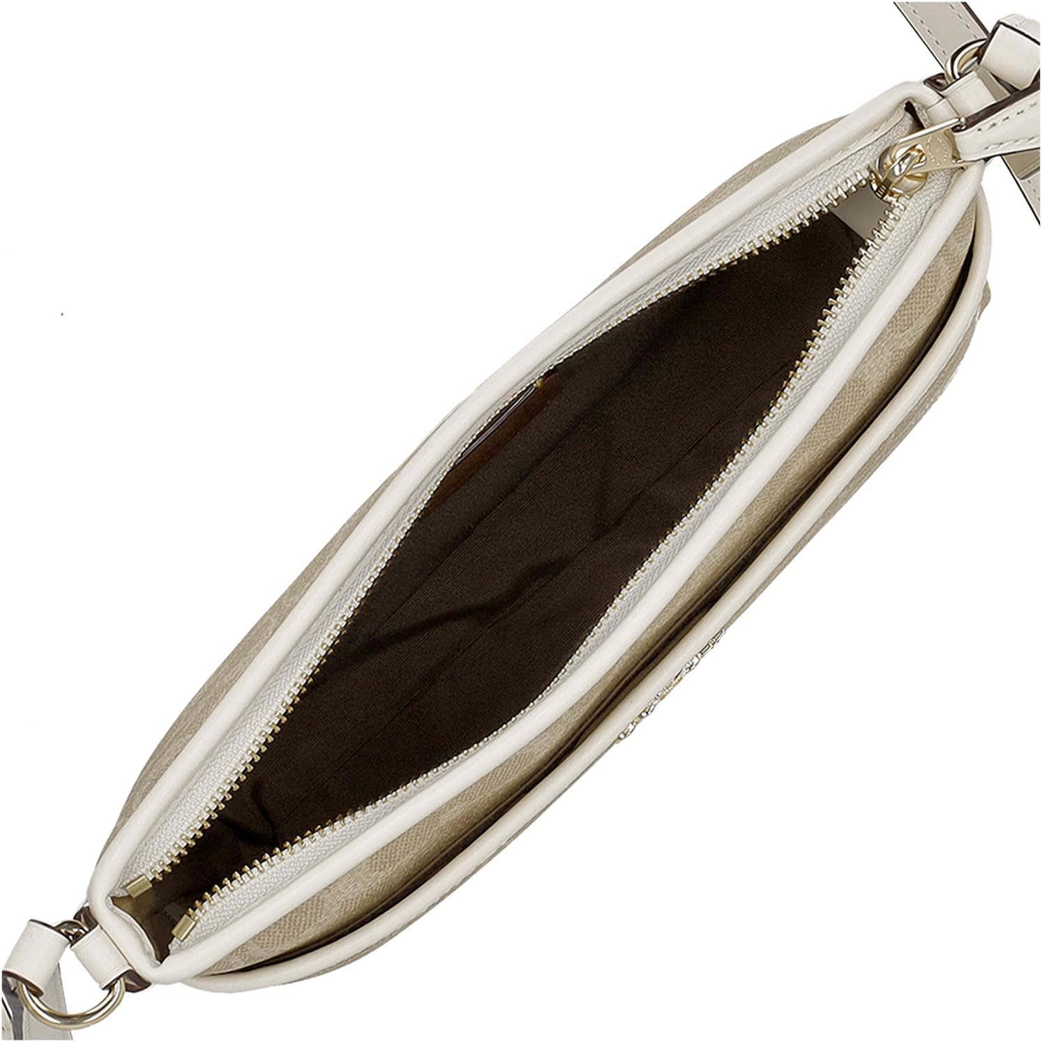 Yukarıdan aşağıya view of the COACH CCQ21 Shoulder Bag with the main compartment zipper open, showing the interior.