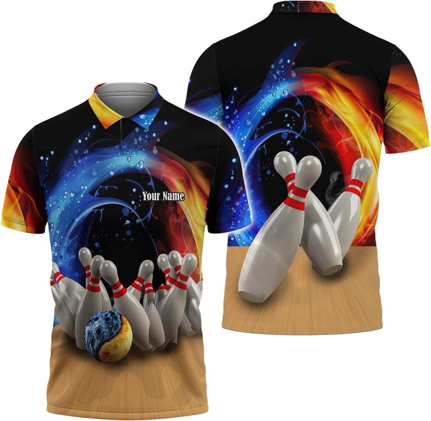 3D Customized Ten-pin Bowling Polo Shirt Water and Fire Ball Novelty Collared Shirt Gift for Bowler Team Men Women