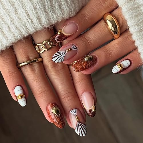 Miniatura 20 de Uñas postizas a presión medianas almendradas con punta francesa, uñas postizas de cobertura completa con diseños de estrellas negras y blancas, uñas